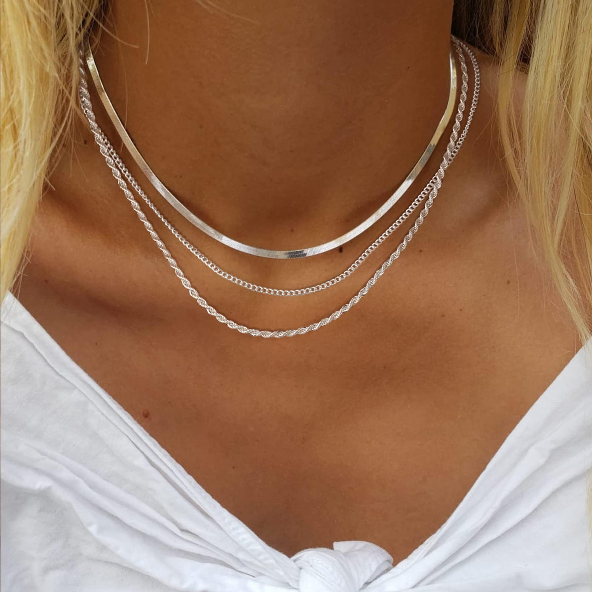 TERRIFI 3 Pieces Dainty Herringbone Necklace, Trendy Adjustable Alloy Layering Chokers Necklaces, Multilayer Precious Stylish Chain Pendant Birthday Christmas Jewelry Gift for Women Girls (Silver)