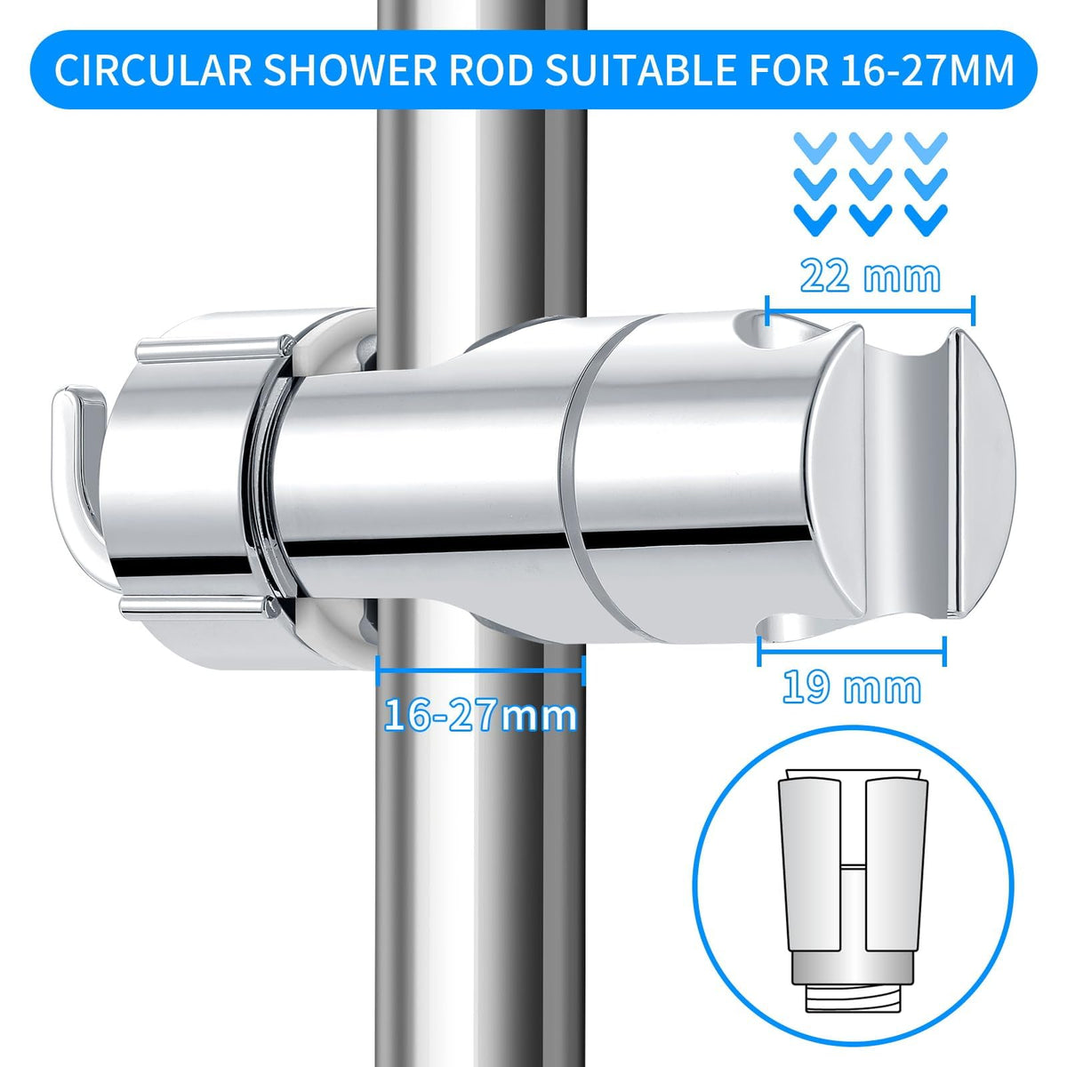 TERRIFI Shower Head Holder, Shower Holder Bracket 16-27 mm Diameter Chrome-Plated + ABS Design Hand Adjustable Shower Head Holders Replacement Easy Installation for Slide Rod Includes 2 Hooks