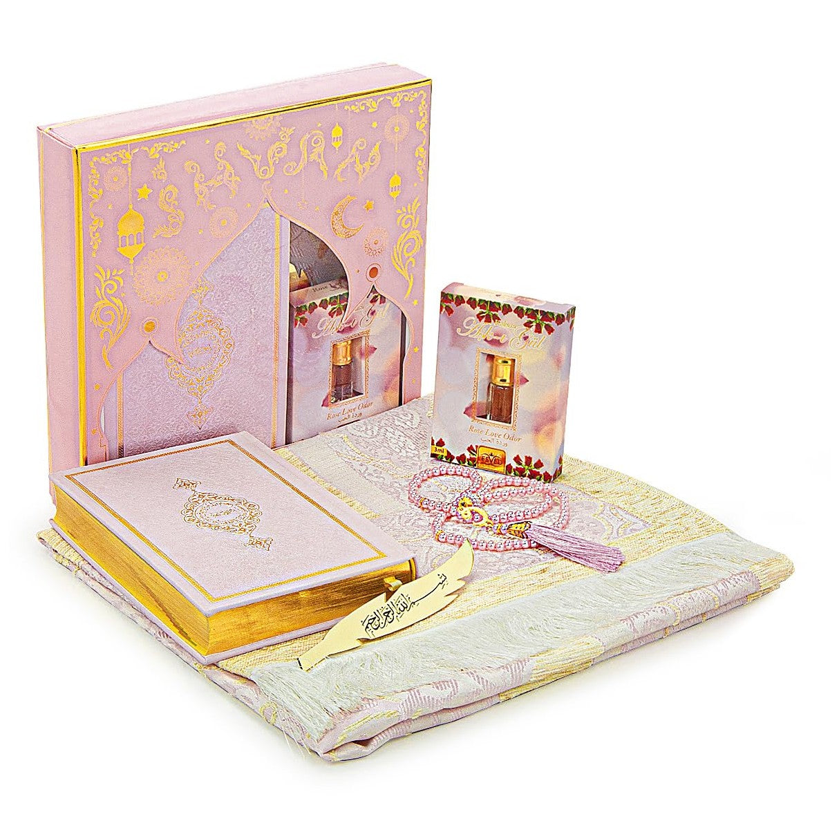 ihvan online Prayer Gift Set for Men & Women, Muslim Prayer Rug, Salah Mat, Beads Taasbih, Arabic Holy Quran, Islamic Gift Set for Ramadan & Eid, Pink - Medaid International
