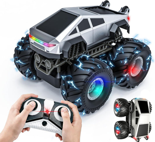 Remote Control Truck RC Stunt Car, 2.4GHz Off-Road Vehicle with LED Lights, Music & 360° Rotation Robot Toys, Cyber Truck Toy for Boys Girls Age 6-12, Birthday Gifts for 8-10 Year Old Kids