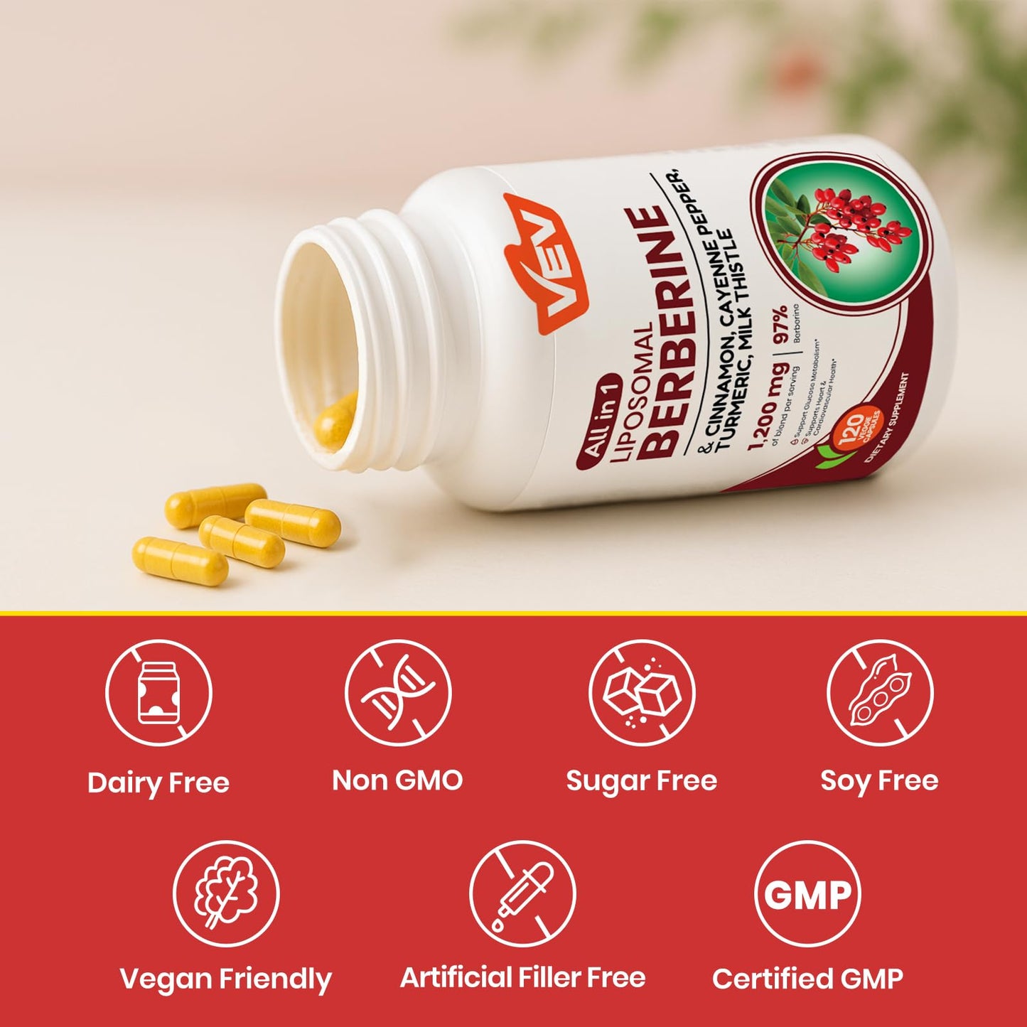 VEV Berberine Supplement with Ceylon Cinnamon, Cayenne Pepper, Turmeric, Milk Thistle, Vegan & Non-GMO – 120 Capsules - Medaid International