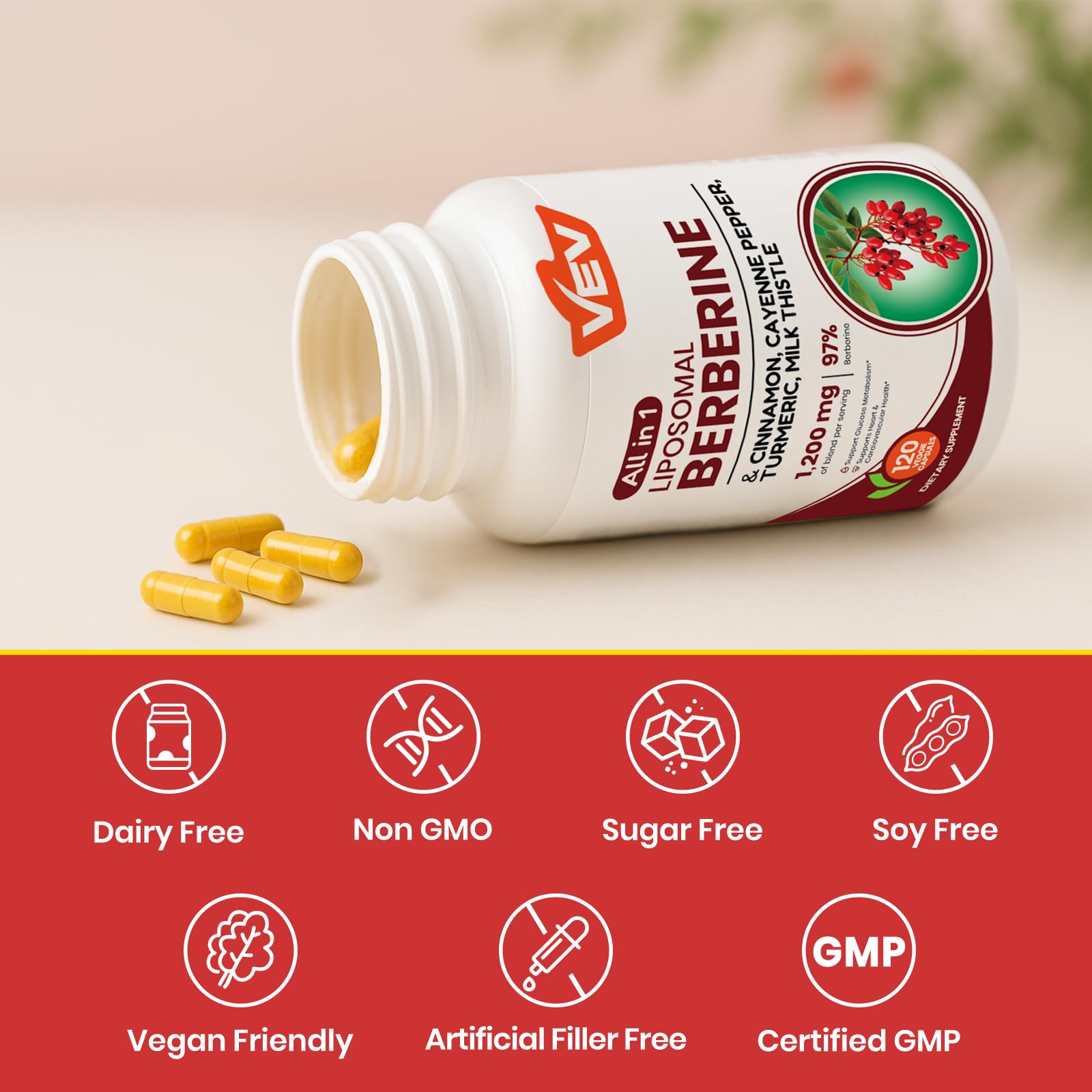 VEV Berberine Supplement with Ceylon Cinnamon, Cayenne Pepper, Turmeric, Milk Thistle, Vegan & Non-GMO – 120 Capsules - Medaid International