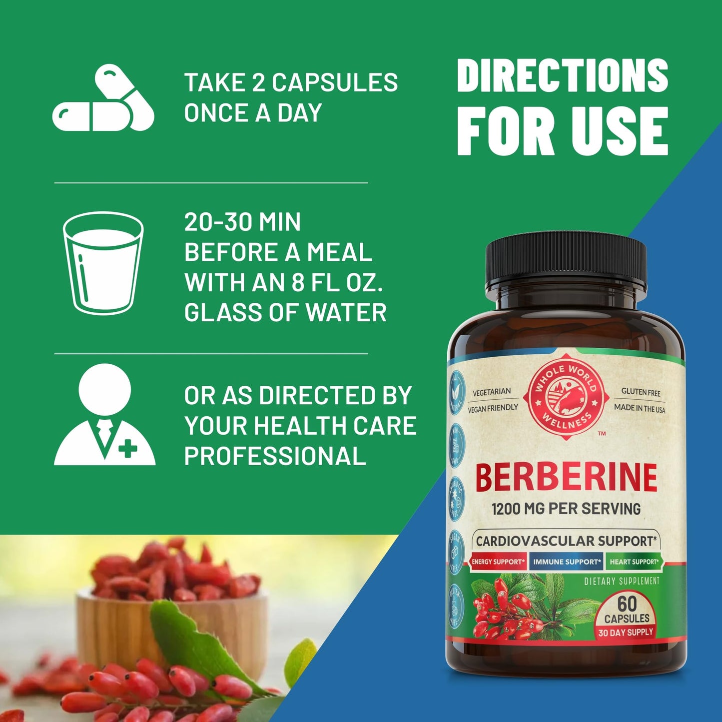 1200mg Berberine Herbal Health Capsules Support Heart and Cardiovascular Health, Help Maintain Healthy Cholesterol, Triglyceride, Blood Sugar Levels, Supports Digestion, Boosts Metabolism, 60 Capsules - Medaid International