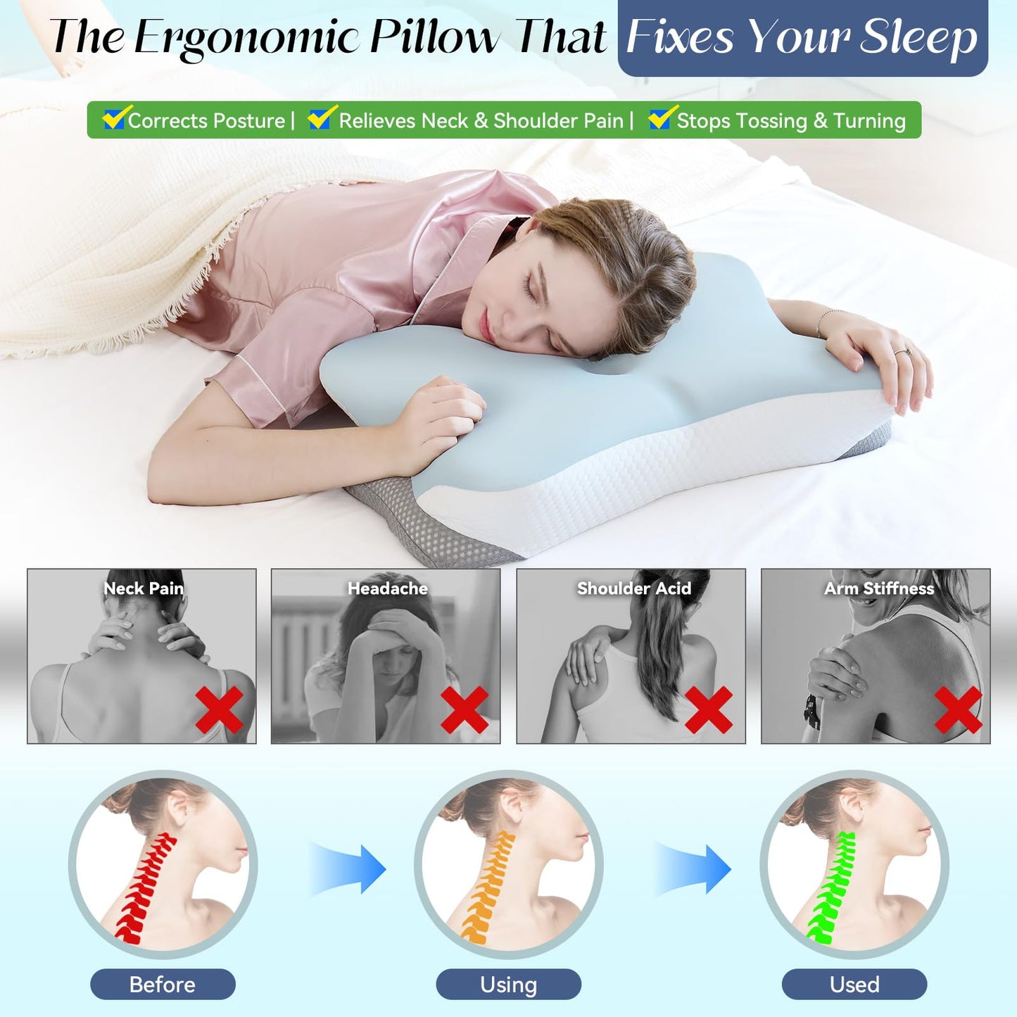 SHJADE Cervical Pillow for Neck Support, Memory Foam Contour Pillow, Ergonomic Orthopedic Pillow, Adjustable Height Soft Bed Pillow with Breathable Pillowcase for Back, Side, Stomach Sleeper - Medaid International