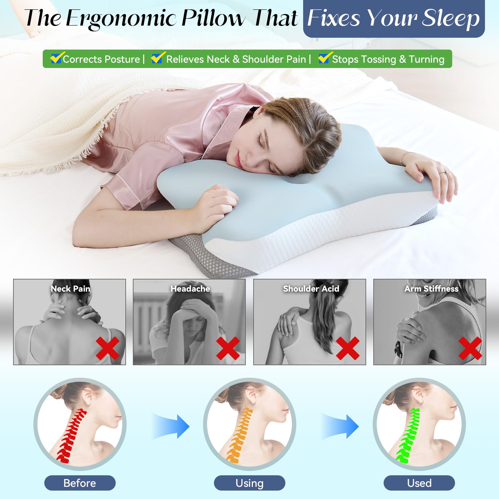 SHJADE Cervical Pillow for Neck Support, Memory Foam Contour Pillow, Ergonomic Orthopedic Pillow, Adjustable Height Soft Bed Pillow with Breathable Pillowcase for Back, Side, Stomach Sleeper - Medaid International