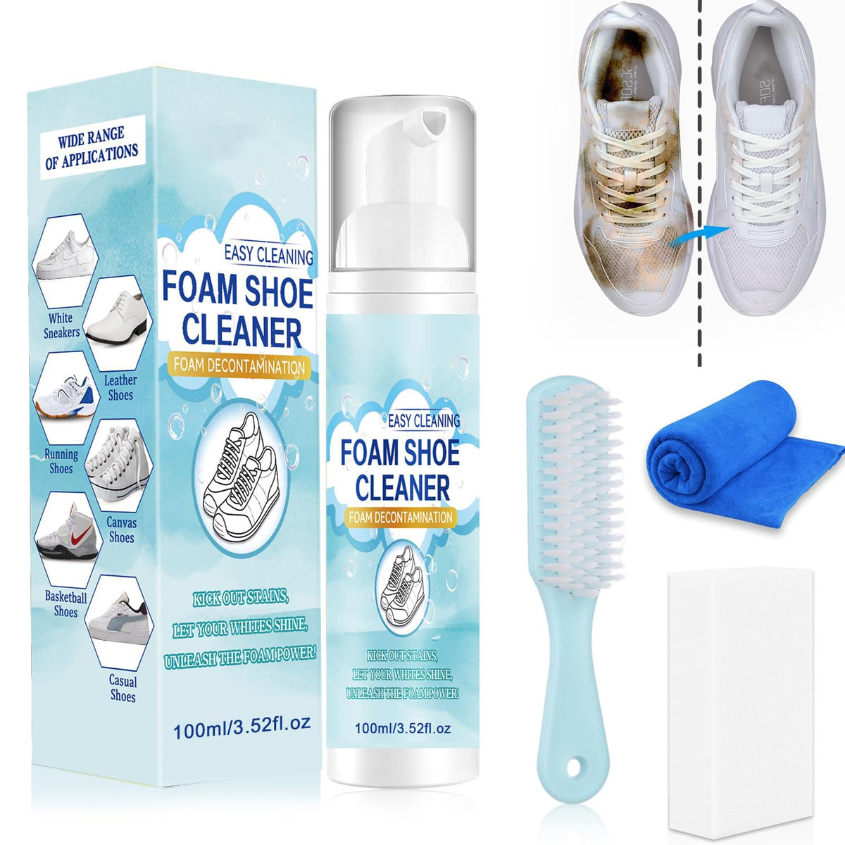 Shoe Cleaner Kit, White Sneakers Cleaner with Brush and Towel, 6.76 Oz, Removes Dirt and Stains from Leather, Knit, Boots, Canvas, Suede, PU