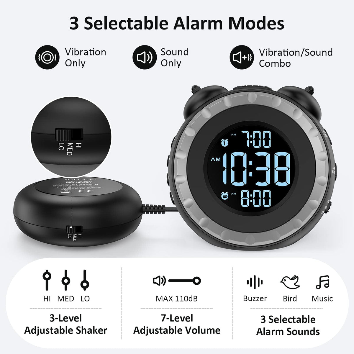 TERRIFI Loud Dual Alarm Clock with Bed Shaker, 0-100% Dimmer, Vibrating Alarm for Heavy Sleepers or Hearing Impaired, Easy to Set with USB Charging Port, Snooze Function, and Battery Backup