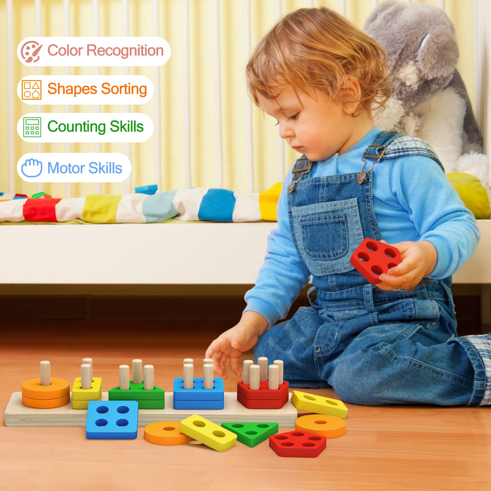 PEBIRA Montessori Toys for 1 to 3-Year-Old Boys Girls Toddlers, Wooden Sorting & Stacking Toys for Toddlers and Kids Preschool, Educational Color Recognition Shape Sorter, Learning Puzzles Gift - Medaid International