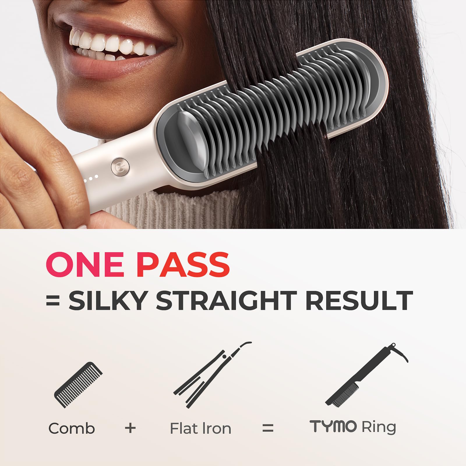 Hair Straightener Brush, TYMO Ring Hair Straightener Comb Straightening Brush for Women with 5 Temps 20s Fast Heating & Dual Voltage, Gold - Medaid International