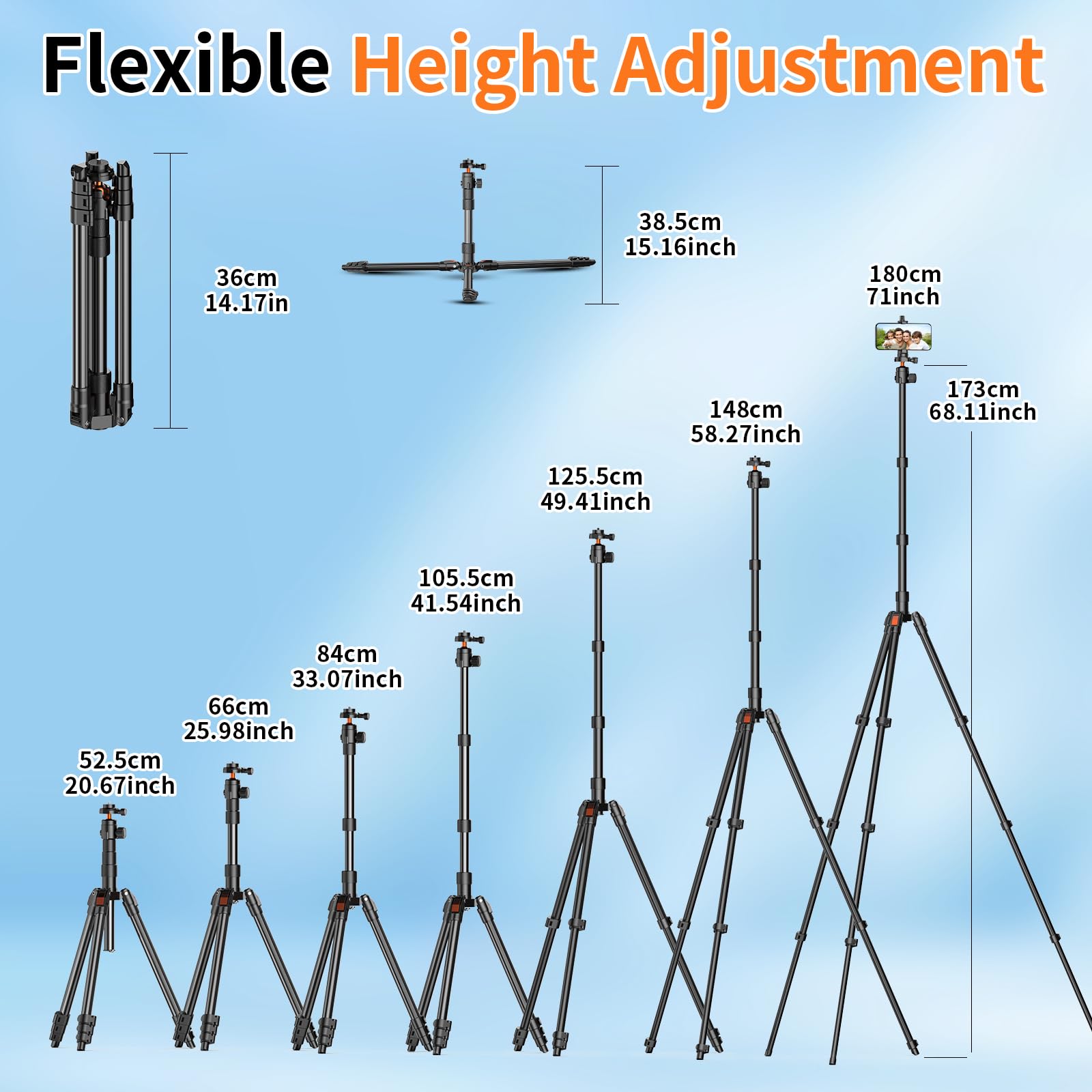 XXZU 71" Camera Tripod, Tripod for Camera Phone with 360°Ball Head and Smartphone Holder, Aluminum DSLR Tripod Stand, Travel for Phone/DSLR/SLR/Projector/Video Recording, Max Load 8kg/17.64lb - Medaid International