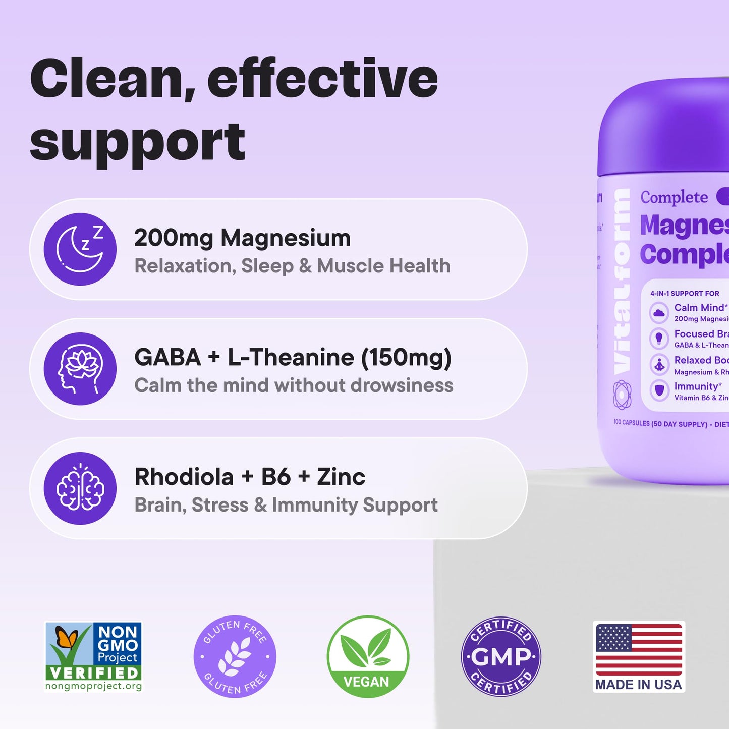 VitalForm Magnesium Glycinate – 4-in-1 Stress, Sleep, Mood & Recovery Support with GABA, L-Theanine, Rhodiola, Zinc & B6 – 200mg – 100 Vegan Capsules – Non-GMO - Medaid International