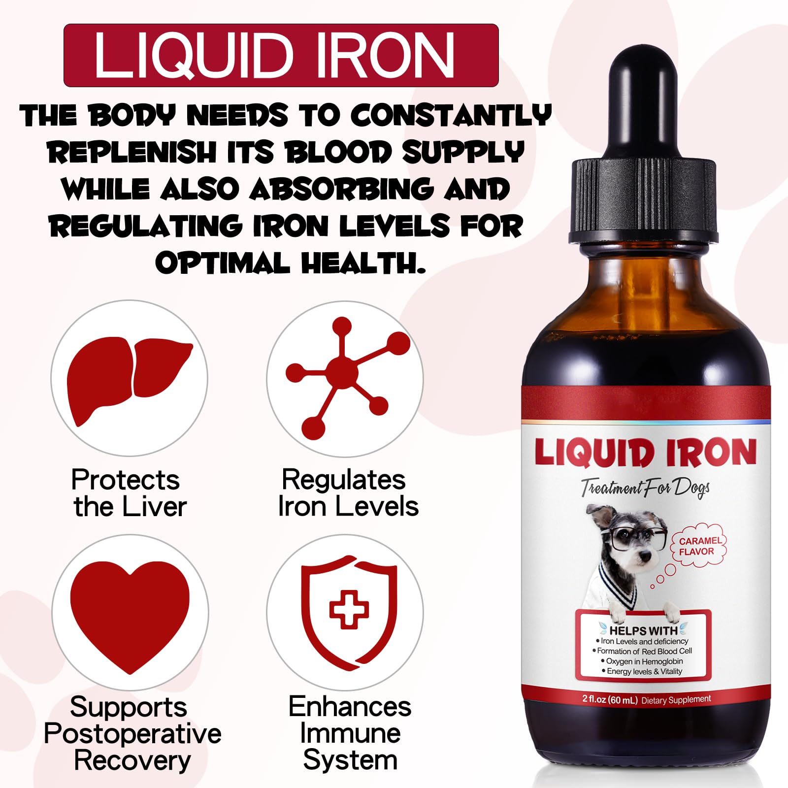 Iron Supplements for Dogs, Liquid Iron for Dogs with Folate and B12 Supports Anemia, Supplement for Anemia, Promotes Blood Health 2 oz - Medaid International