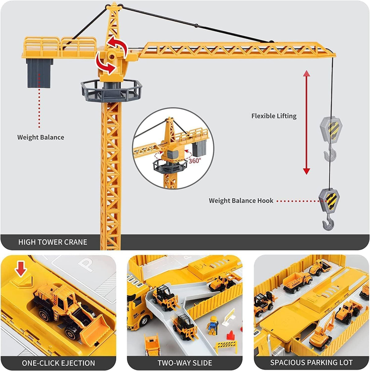 Boy Toys for 3 4 5 6 7 8 Year Old Boys,Kids Construction Vehicles Playset Set for Kids w/Tower Crane, Die-cast Engineering Truck Toys Car for 3+ Year Old Boys Gift
