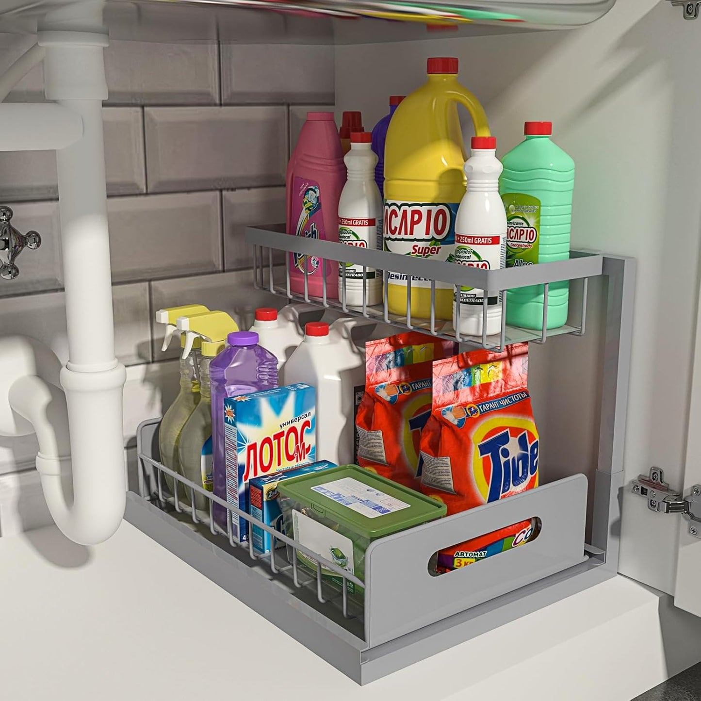 REALINN Under Sink Organizer and Storage, 2 Pack Pull Out Cabinet Organizer Slide Out Sink Shelf Cabinet Storage Shelves, Under Sink Storage for Kitchen Bathroom Cabinet - Medaid International