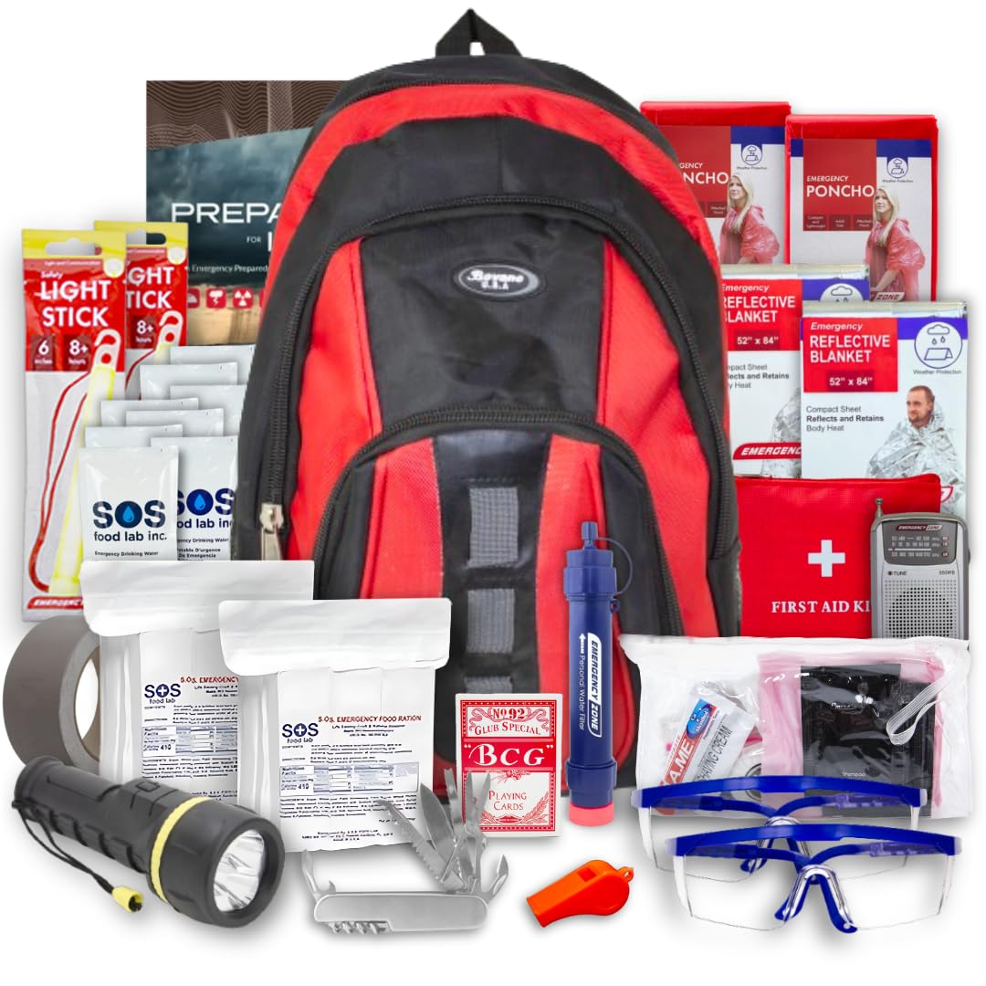 Emergency Zone Essentials 72-Hour Survival Kit - 2 Person | Bug Out Bag Backpack with Water Filter Straw and Emergency Supplies | The Optimal Disaster and Earthquake Emergency Kit