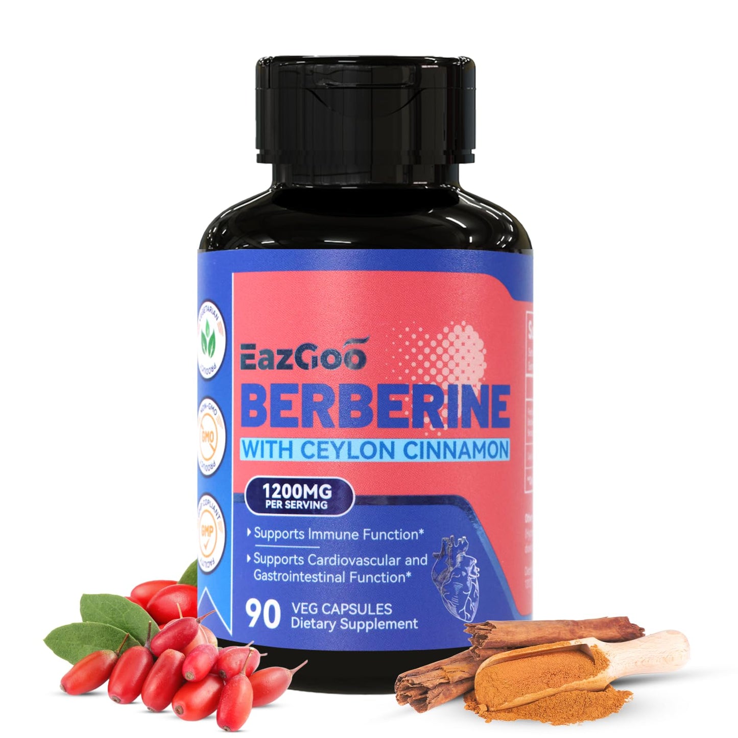 EAZGOO Premium Berberine Supplement 1200mg with Ceylon Cinnamon - 90 Vegan Capsules - Berberine HCL Supplement Non-GMO Gluten Free, Immune Support - Medaid International
