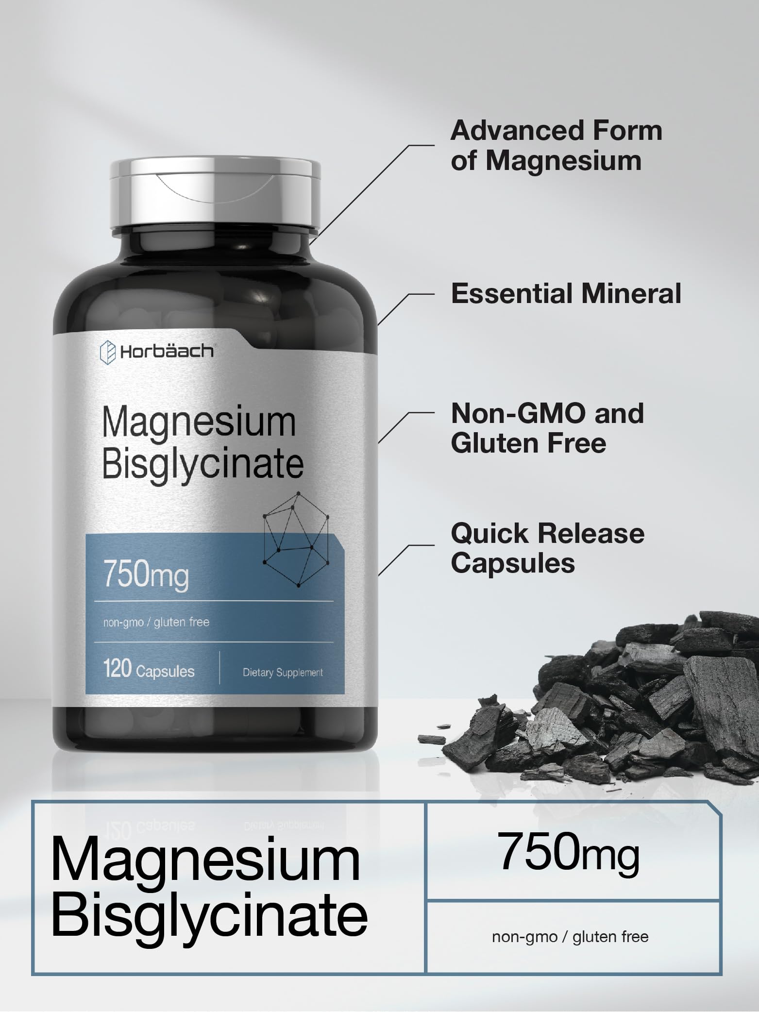 Horbäach Magnesium Bisglycinate | 120 Capsules | 750mg | Non-GMO and Gluten Free Supplement - Medaid International