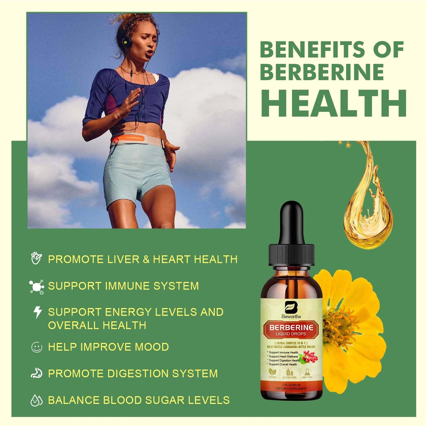 Berberine Supplement with Ceylon Cinnamon - Berberine Liquid Drops with Turmeric Curcumin, Ceylon Cinnamon, Bitter Melon, Berberine Phytosome for Digestion System, Immune Health Support -Vegetarian - Medaid International