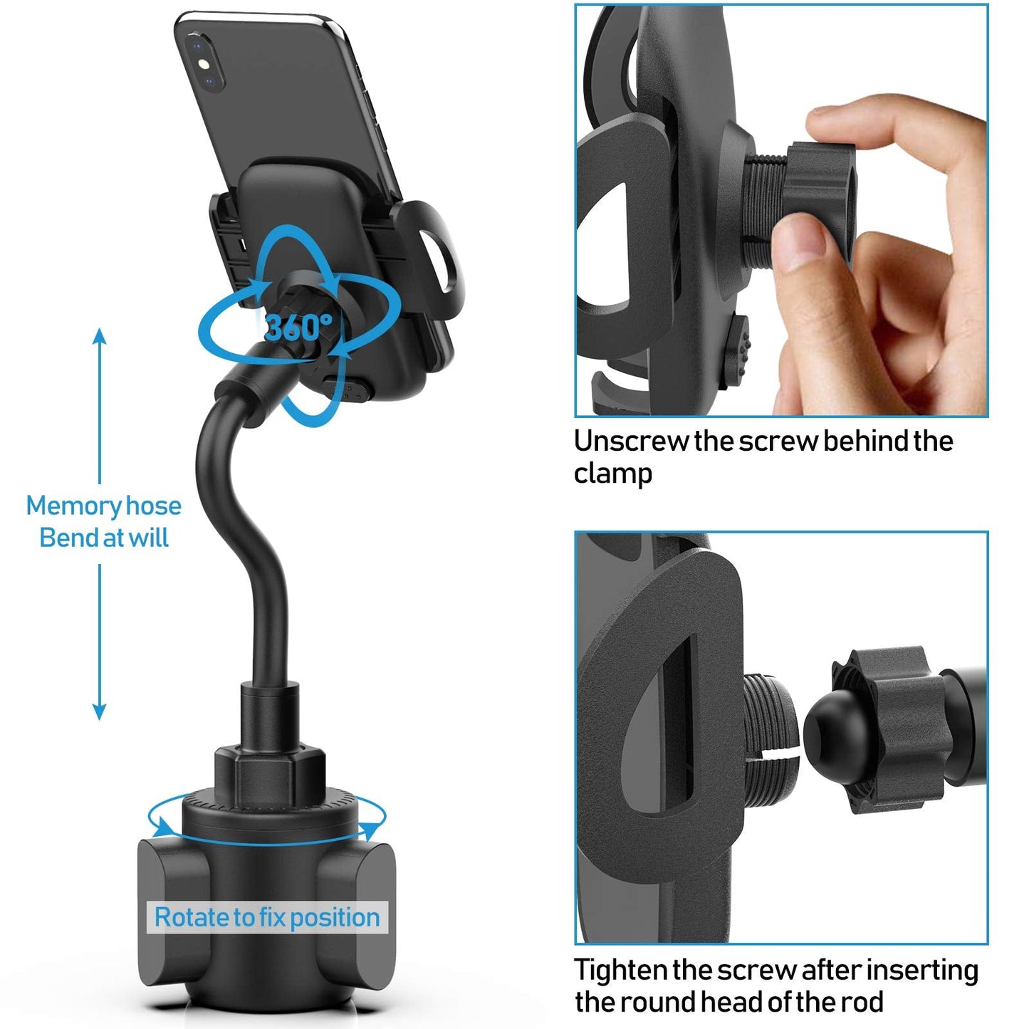 Phone Holders for Your Car, Cup Holder Phone Mount, Universal Adjustable Gooseneck Cup Holder Cradle Car Mount for iPhone 16/15/14/13/12/11/Pro Max/X/Xs/XsMax/8/8Plus,Samsung,Huawei,LG, Sony(Black) - Medaid International