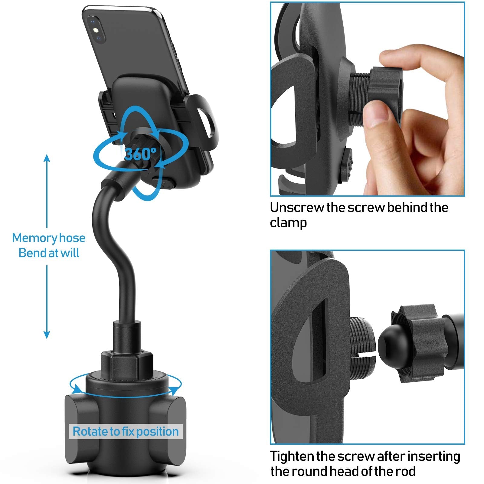 Phone Holders for Your Car, Cup Holder Phone Mount, Universal Adjustable Gooseneck Cup Holder Cradle Car Mount for iPhone 16/15/14/13/12/11/Pro Max/X/Xs/XsMax/8/8Plus,Samsung,Huawei,LG, Sony(Black) - Medaid International