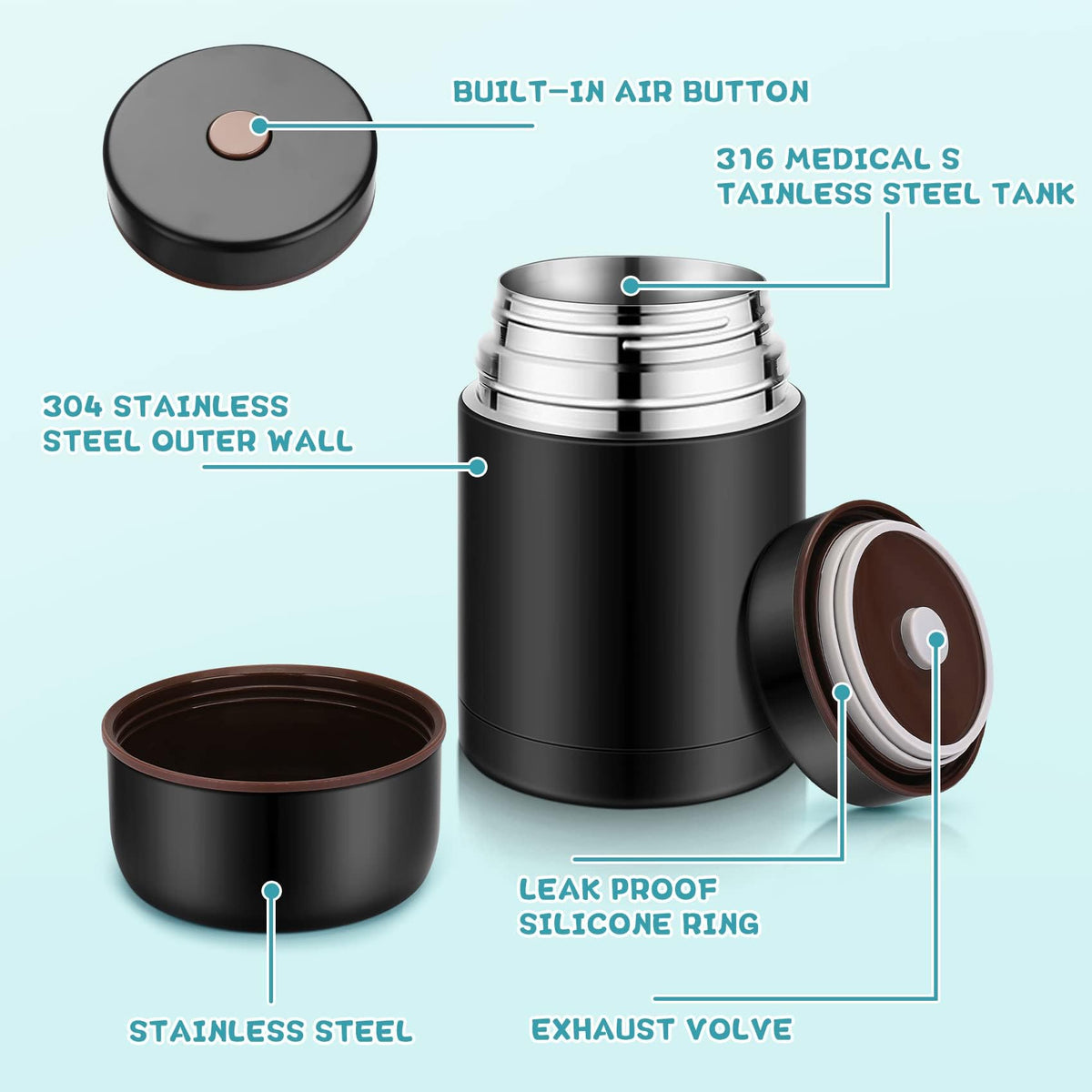 TERRIFI 27oz Vacuum Insulated Stainless Steel Food Jar - Perfect for Hot or Cold Lunches Stay Fresh, Leak-Proof Soup Containers, Complete with Cutlery Bag in Sleek Black