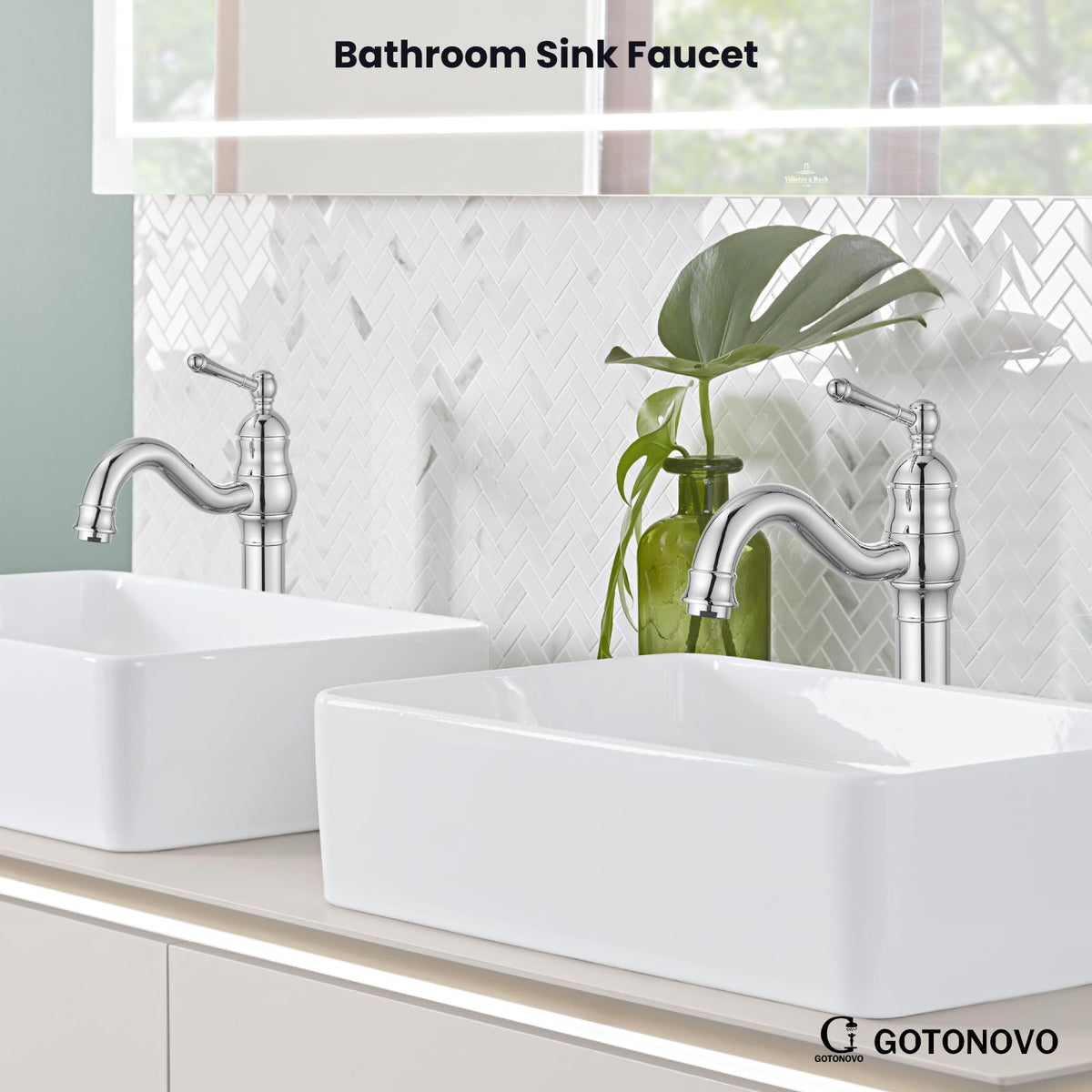 gotonovo Bathroom Vessel Sink Faucet Polish Chrome Single Handle Lavatory Vanity Mixer Bar Tap 360° Swivel with Pop Up Drain Tall Spout Single Hole Deck Mount