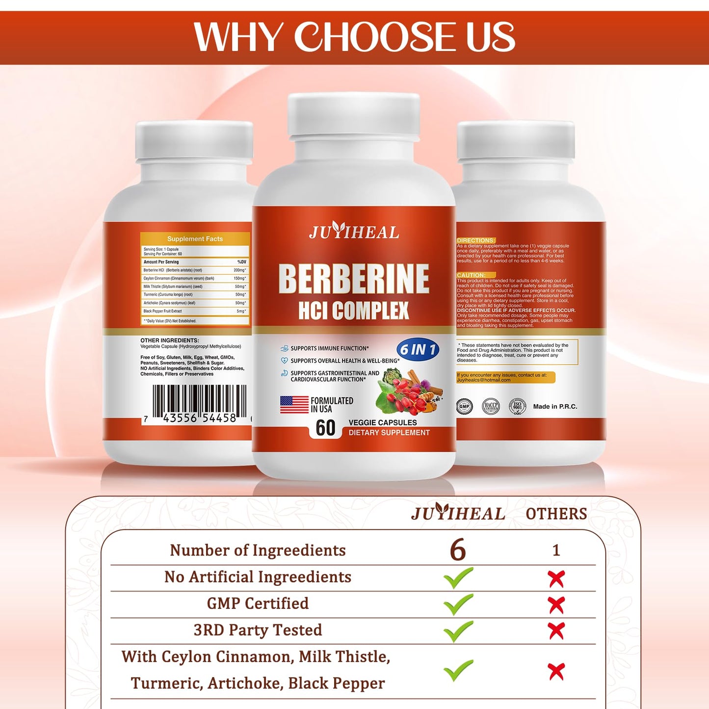 JUYIHEAL 2Pack Berberine with Ceylon Cinnamon, Turmeric, Milk Thistle, Artichoke, Black Pepper, Berberine Supplement for Support Immune System - 120 Capsules Berberine HCI - Medaid International