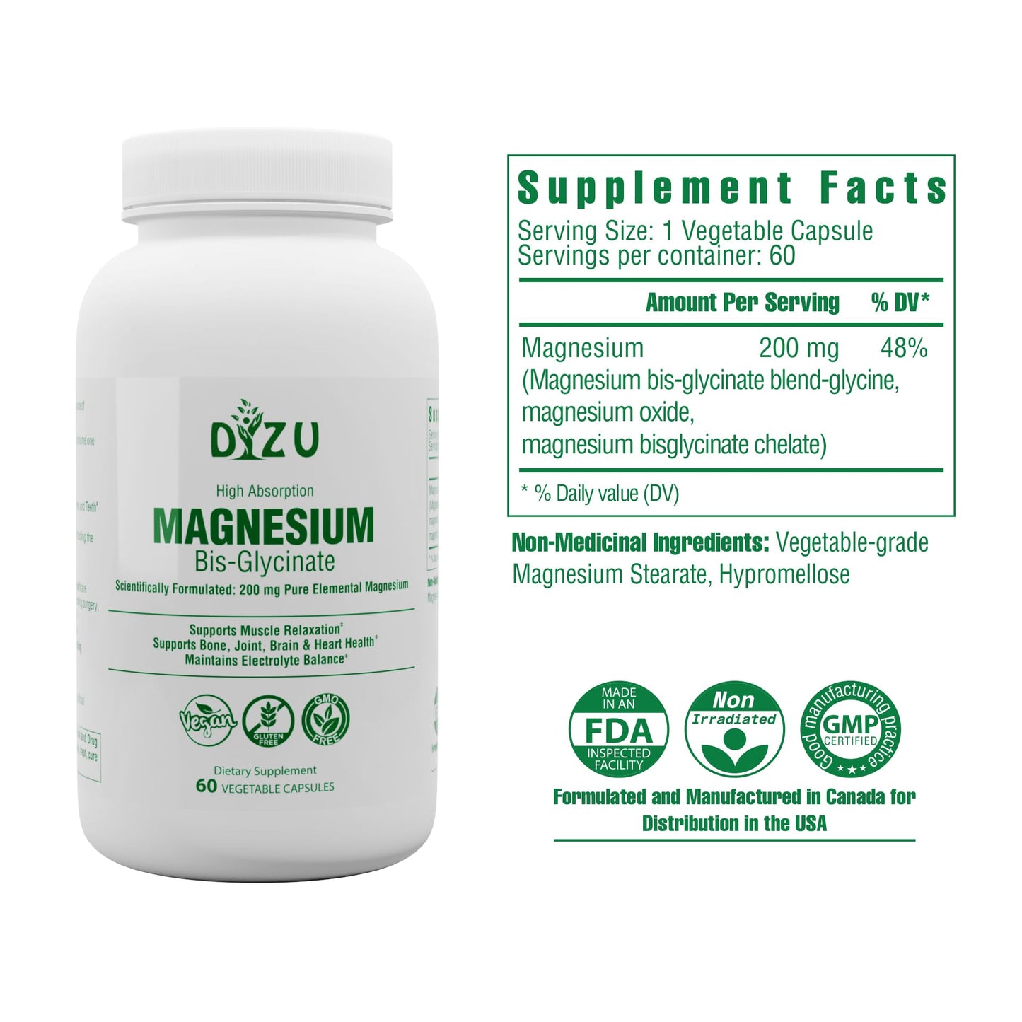 Magnesium Bisglycinate (Glycinate) 200 mg – High Absorption Chelated – Supports Sleep, Stress, Muscles, Nerves, Bones, Heart & Energy – Vegan, Non-GMO, Lab-Tested – 60 Capsules - Medaid International