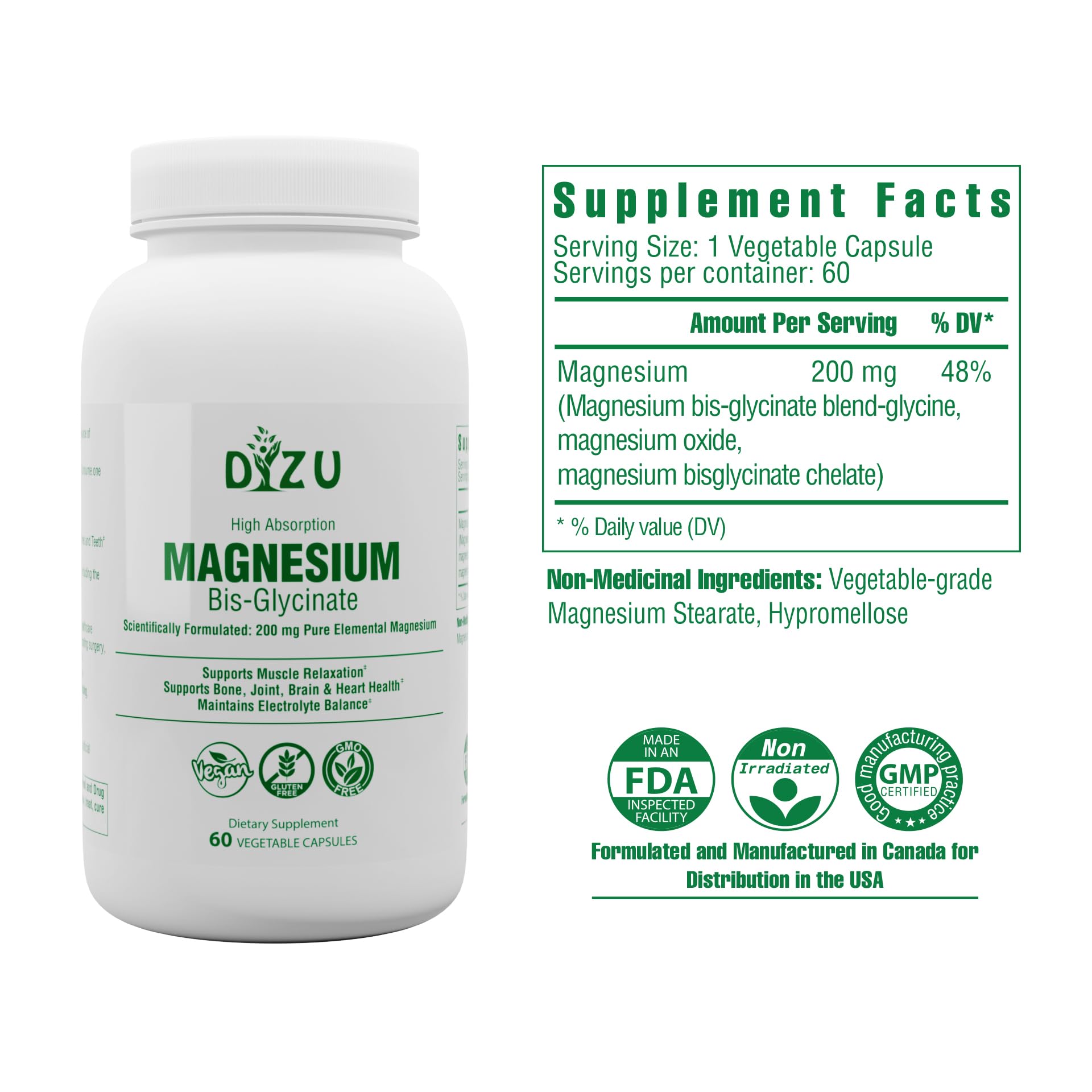 Magnesium Bisglycinate (Glycinate) 200 mg – High Absorption Chelated – Supports Sleep, Stress, Muscles, Nerves, Bones, Heart & Energy – Vegan, Non-GMO, Lab-Tested – 60 Capsules - Medaid International