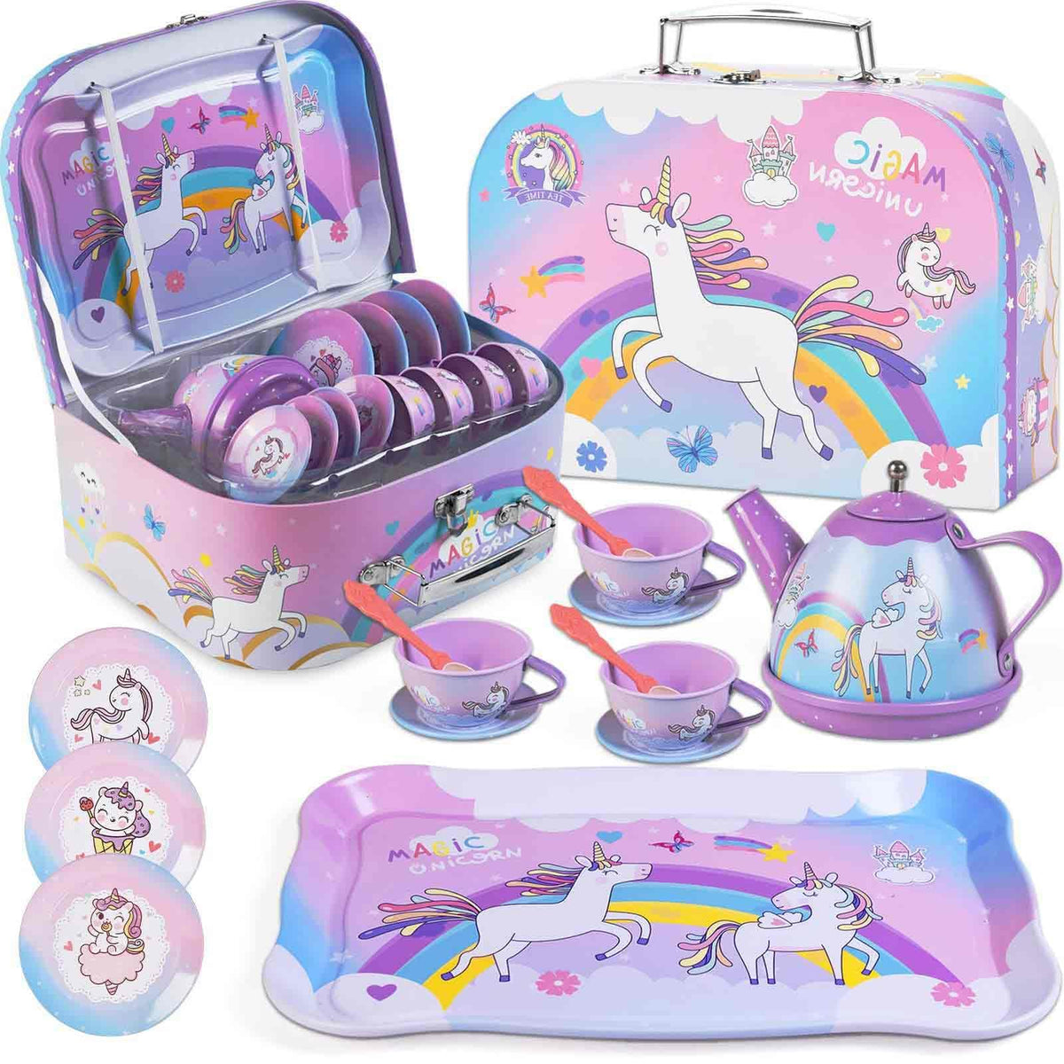 Unicorn Gifts Tea Party Set for Little Girls, Gift for Age 3 4 5 6 Year Old, Princess Tea Set Toys for Little Girls, Kids Kitchen Pretend Toy with Tin Tea Set (Unicorn Theme)