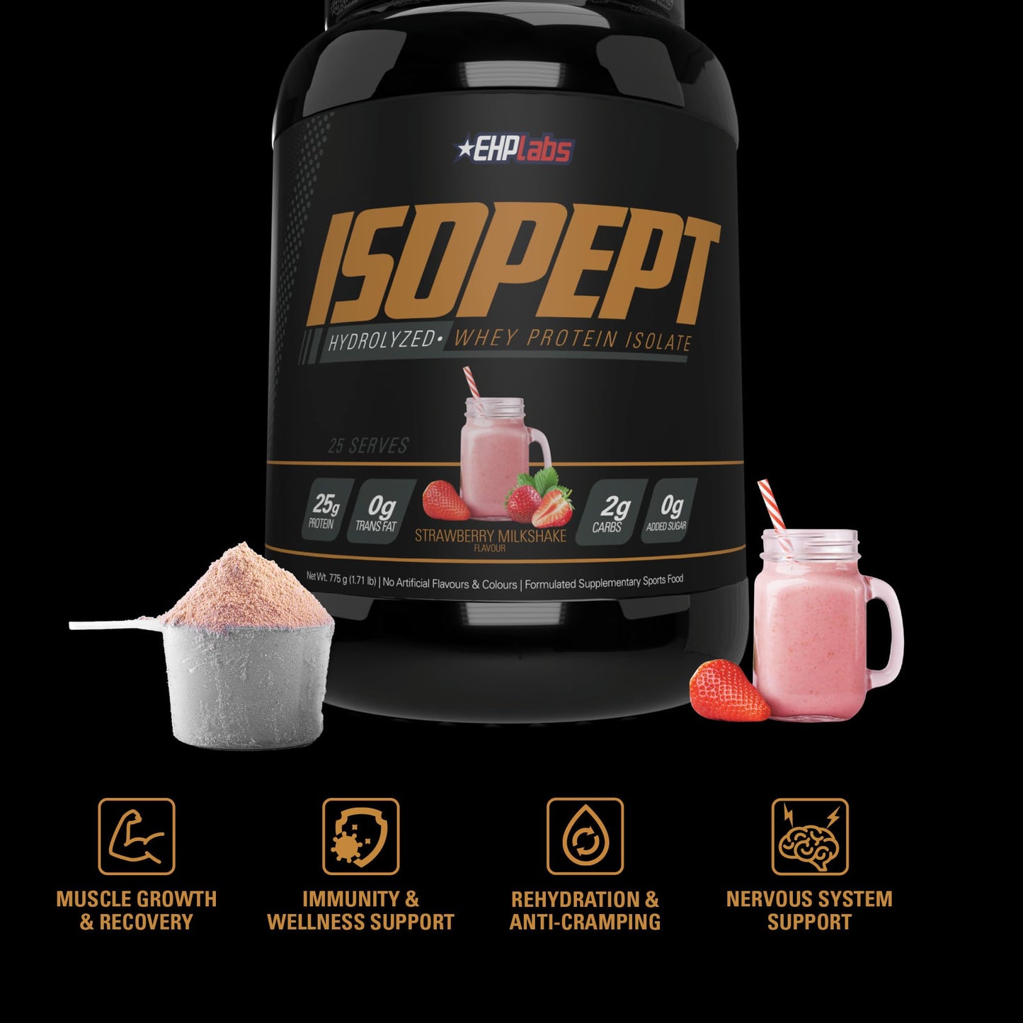 IsoPept Hydrolyzed Whey Protein Powder by EHPlabs - 100% Whey Protein Isolate & Hydrolysate, 27g of Protein, Non-GMO, Gluten Free, Fast Absorbing, Easy Digesting, 27 Serves (Strawberry Milkshake) - Medaid International