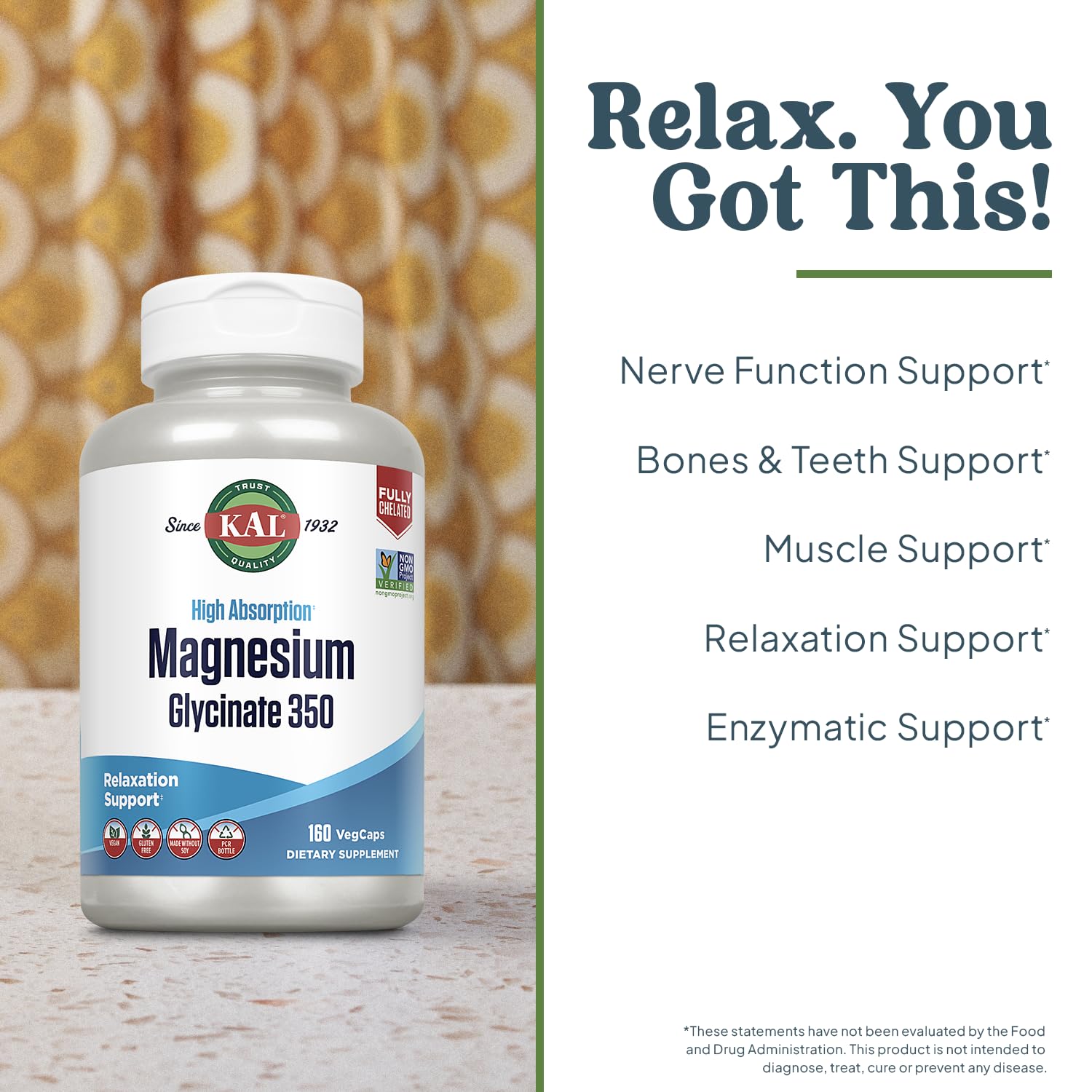 KAL Magnesium Glycinate Capsules, Fully Chelated Magnesium Bisglycinate, High Absorption Magnesium Supplement, Healthy Bones, Muscle, Relaxation and Stress Support, Non-GMO 160 count - Medaid International