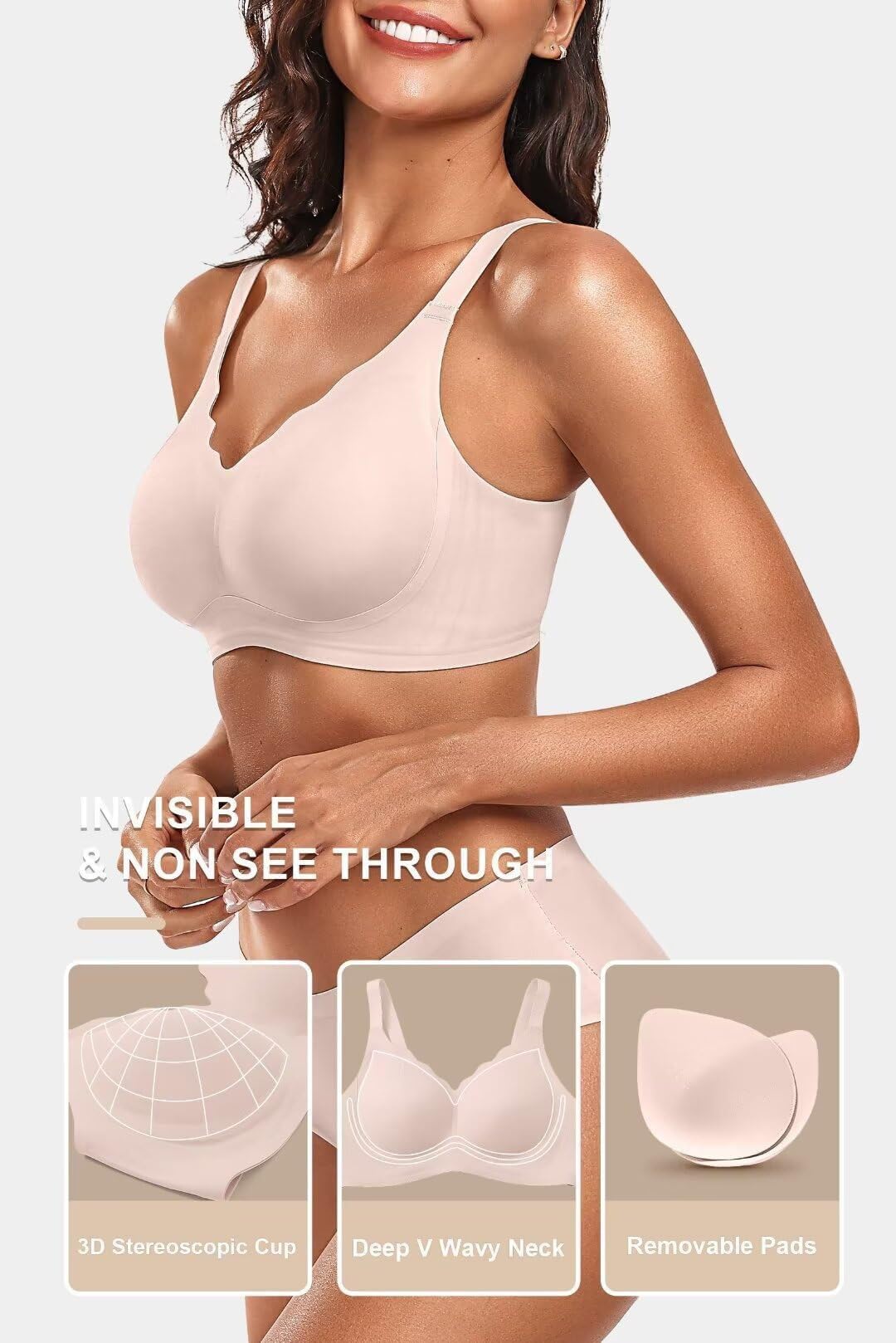 TERRIFI Women’s Wireless Jelly Bra, Size L, Seamless Full-Coverage Push-Up T-Shirt Bralette with W-Shaped Support Strip, Convertible Straps and Scalloped V-Neck, Recommended Weight 130–145 lb