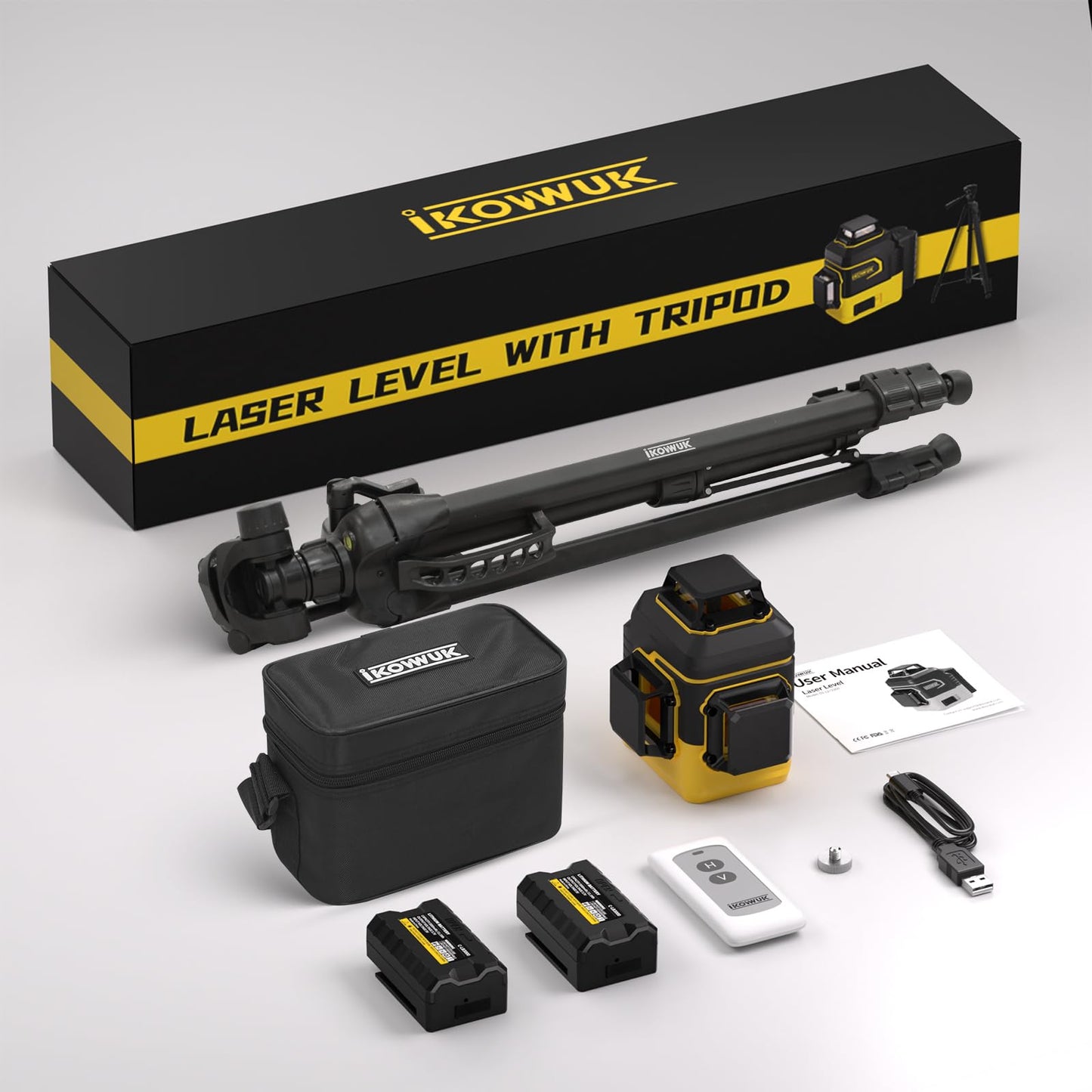 IKOVWUK Laser Level with Tripod, Laser Level 3x360° Self Leveling 12 Green Line, Rechargeable Battery 2 x 3000 mAh & Type-C Charging Port, Compact Adjustable 1.6M Tripod & Carry Pouch Included - Medaid International