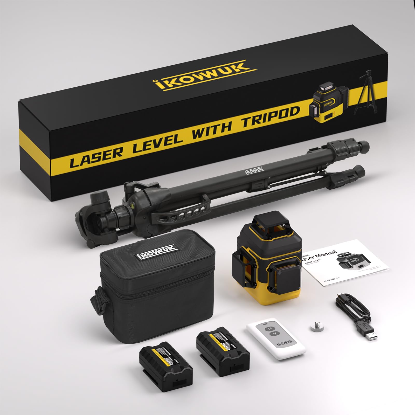 IKOVWUK Laser Level with Tripod, Laser Level 3x360° Self Leveling 12 Green Line, Rechargeable Battery 2 x 3000 mAh & Type-C Charging Port, Compact Adjustable 1.6M Tripod & Carry Pouch Included - Medaid International