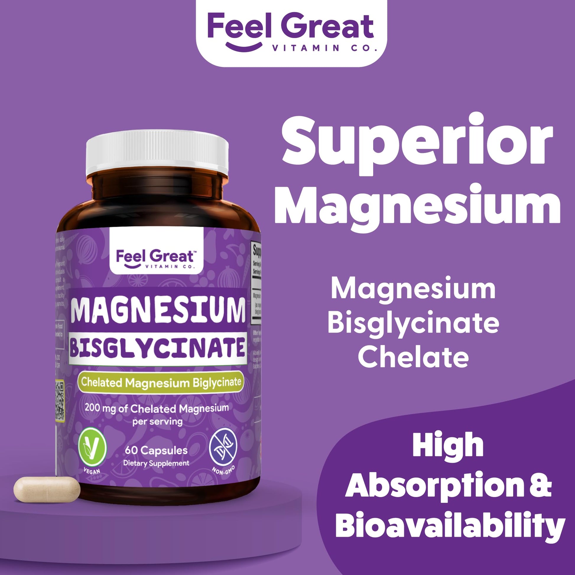 Feel Great Magnesium Bisglycinate – High Absorption, Buffered & Chelated Magnesium for Muscle, Bone & Joint Support – 60 Easy-to-Swallow Vegan Capsules - Medaid International