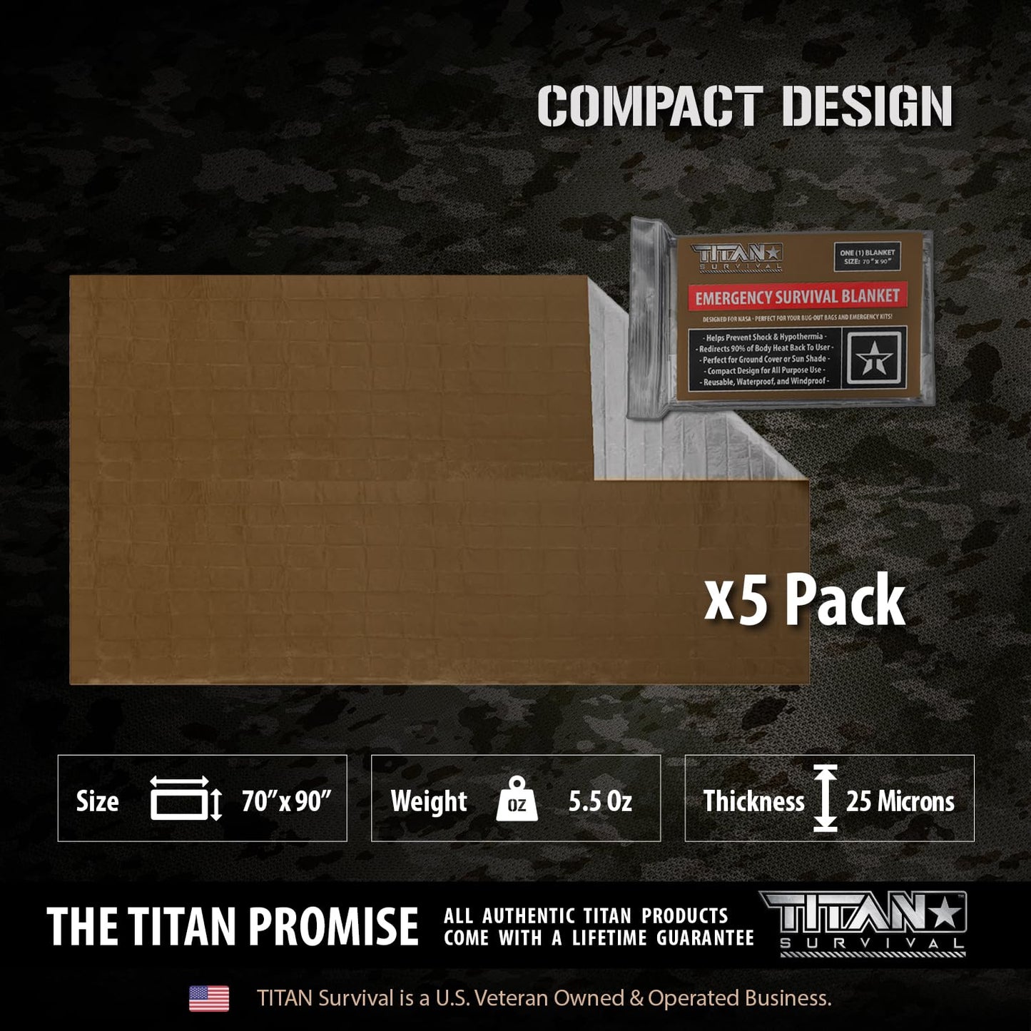 TITAN Survival Premium Mylar Survival Blankets (5 Pack) Thermal Emergency Survival Blanket for Camping, Hunting, Hiking - 90% Heat Retention & Waterproof - Portable Space Blanket w/Size Options