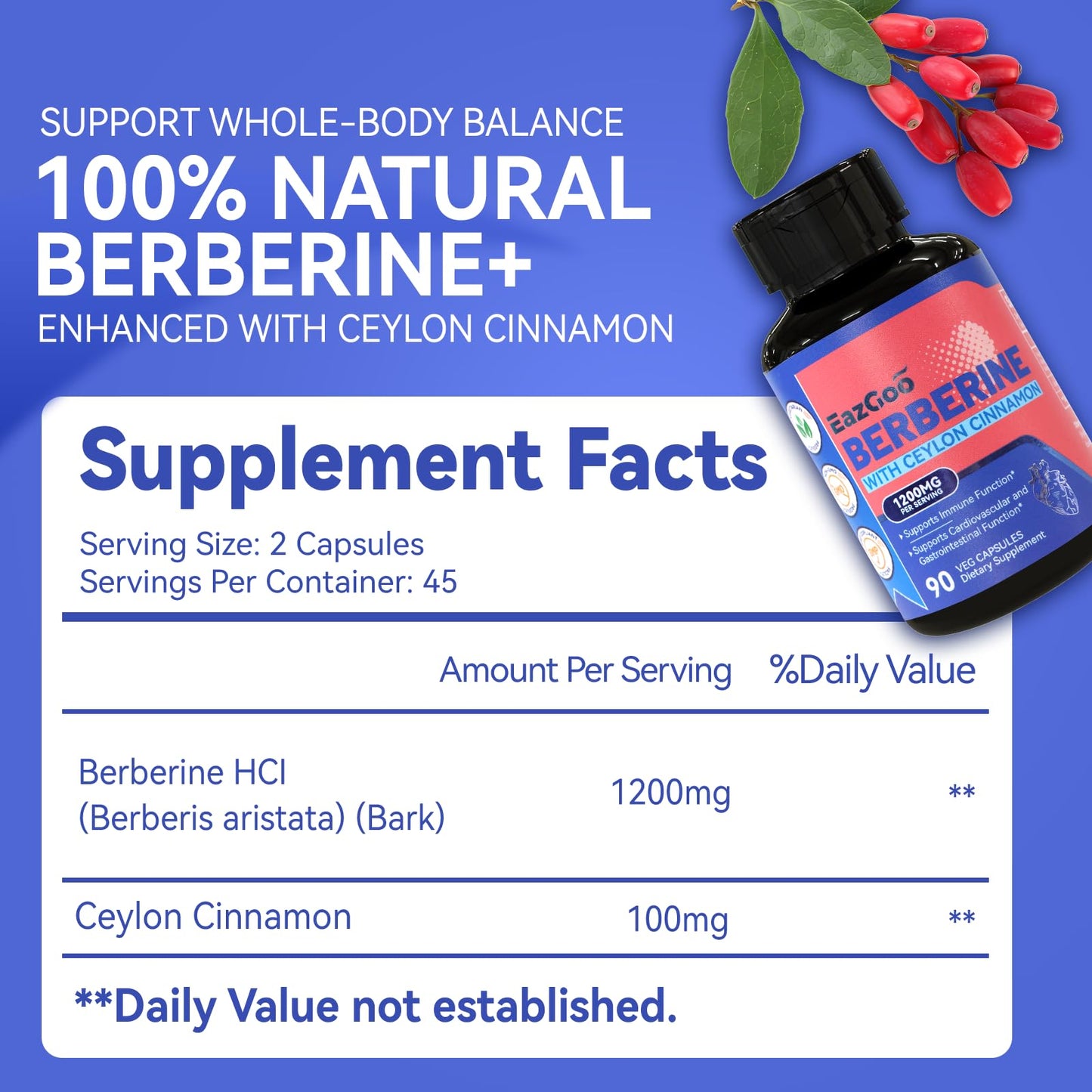 EAZGOO Premium Berberine Supplement 1200mg with Ceylon Cinnamon - 90 Vegan Capsules - Berberine HCL Supplement Non-GMO Gluten Free, Immune Support - Medaid International