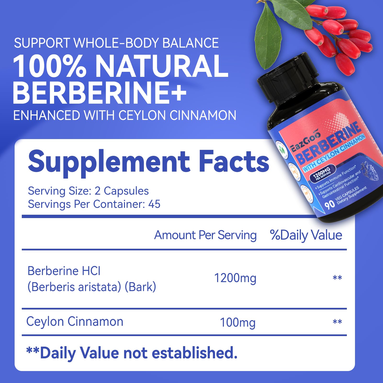 EAZGOO Premium Berberine Supplement 1200mg with Ceylon Cinnamon - 90 Vegan Capsules - Berberine HCL Supplement Non-GMO Gluten Free, Immune Support - Medaid International