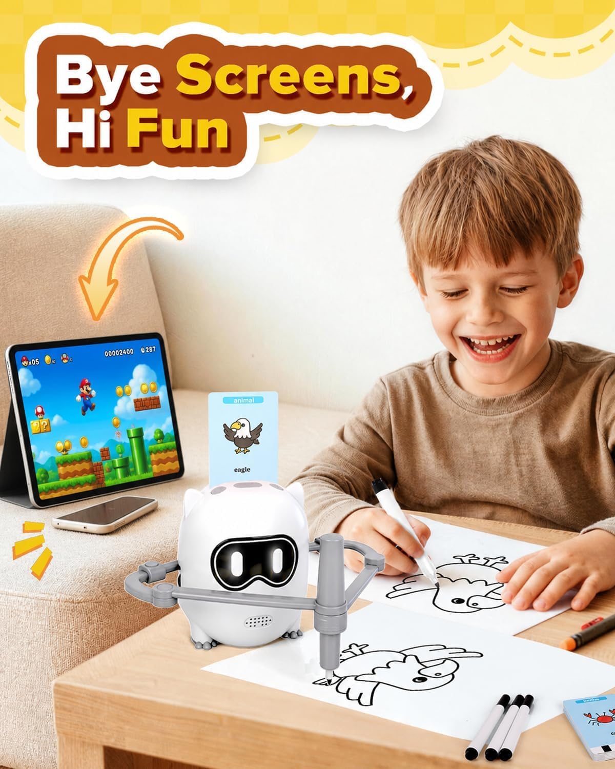 Drawing Robot Toy for Kids Ages 3 4 5 6 7 8, with 200 Cards, Voice Interactive Doodle Bot, Montessori Educational Painting Machine, Learning Art Toy for Boys Girls, Gift Idea