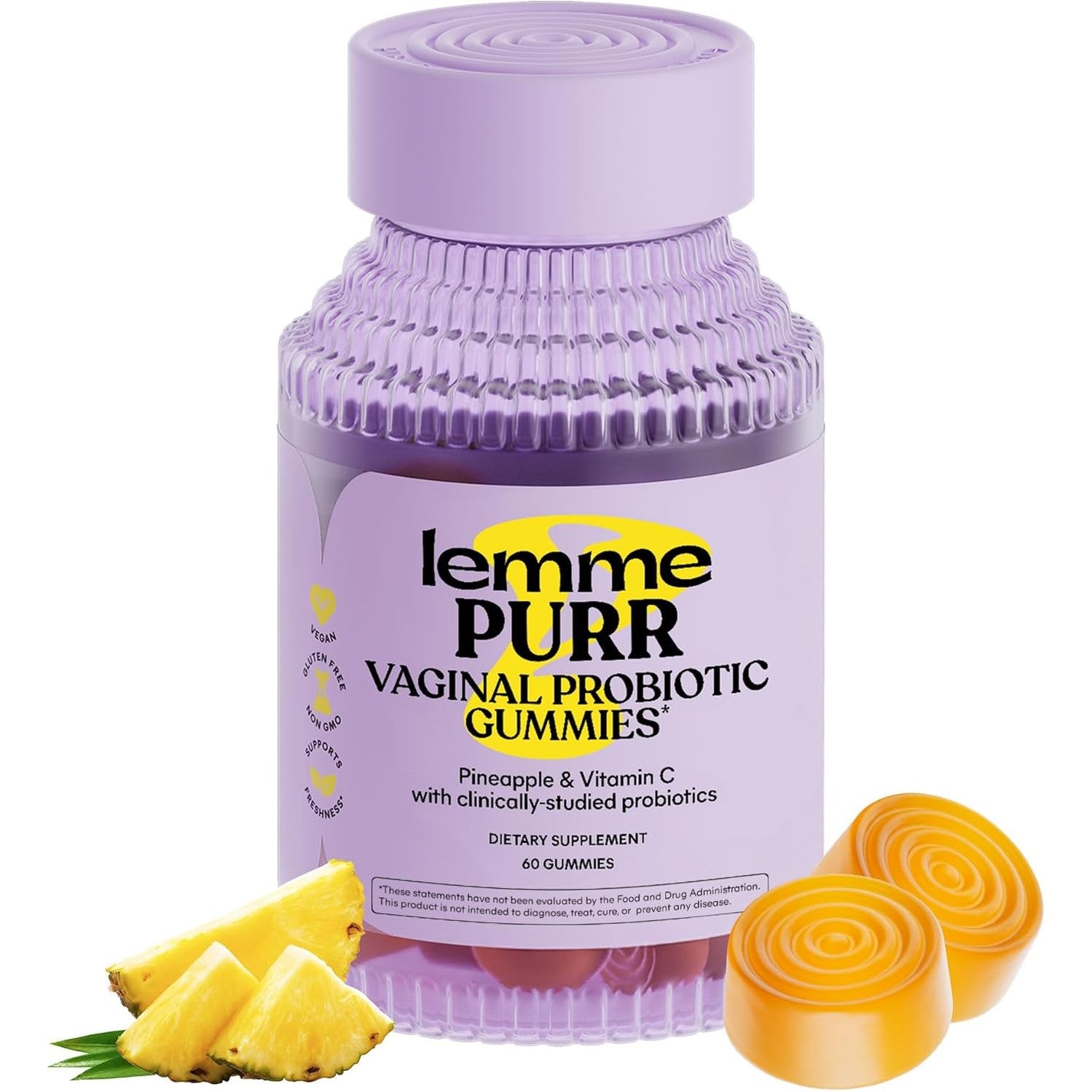Lemme Purr Vaginal Probiotic Gummies for Women - Balanced pH, Healthy Odor, Yeast Balance & Flora Support + Vitamin C for Immune Health - Tasty Pineapple (60 Count) - Medaid International