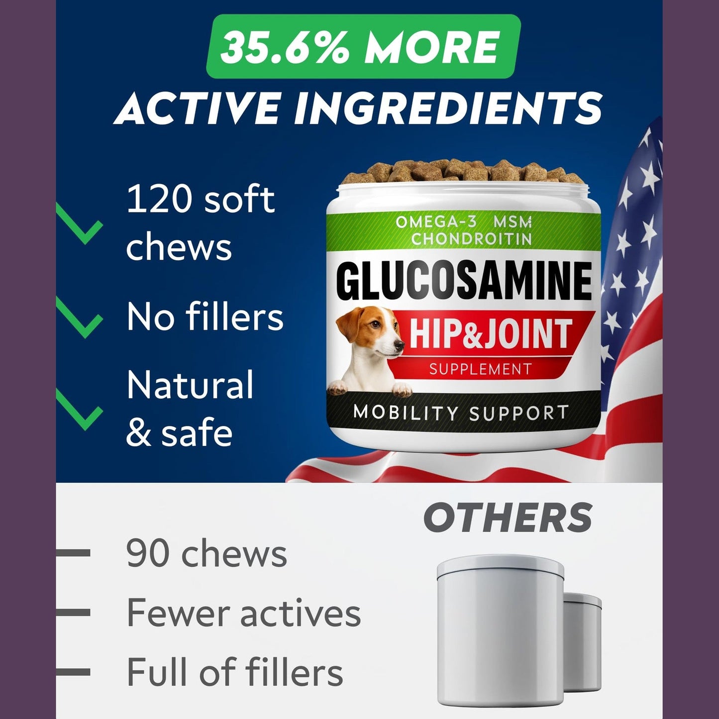 STRELLALAB Hip & Joint Glucosamine Supplement Treats for Dogs - Chondroitin, Omega-3, MSM - Advanced Joint Health Support Chews for Large Breed - Pain Relief - Bacon Flavor - 120 Ct - Made in USA
