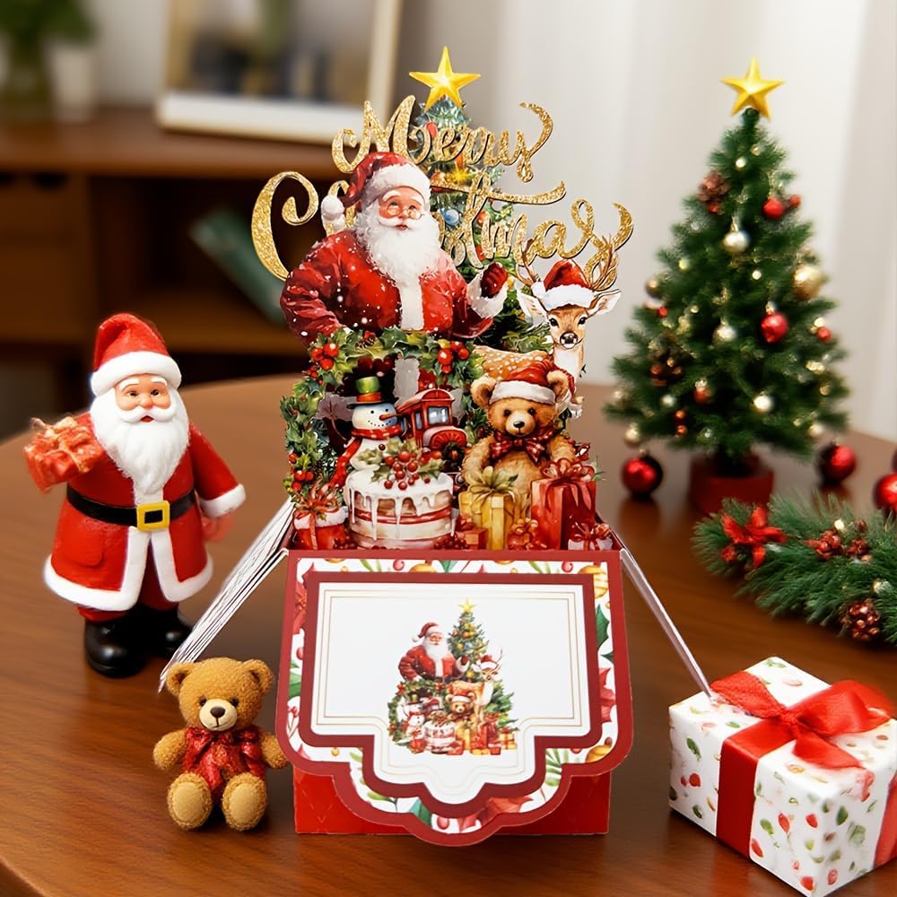 2pcs Vintage 4-Layer Christmas Greeting Card with Santa Claus, Reindeer & Tree Design - Paper Holiday Card with Envelope, Festive Holiday Party Invitation for Friends & Family - Medaid International