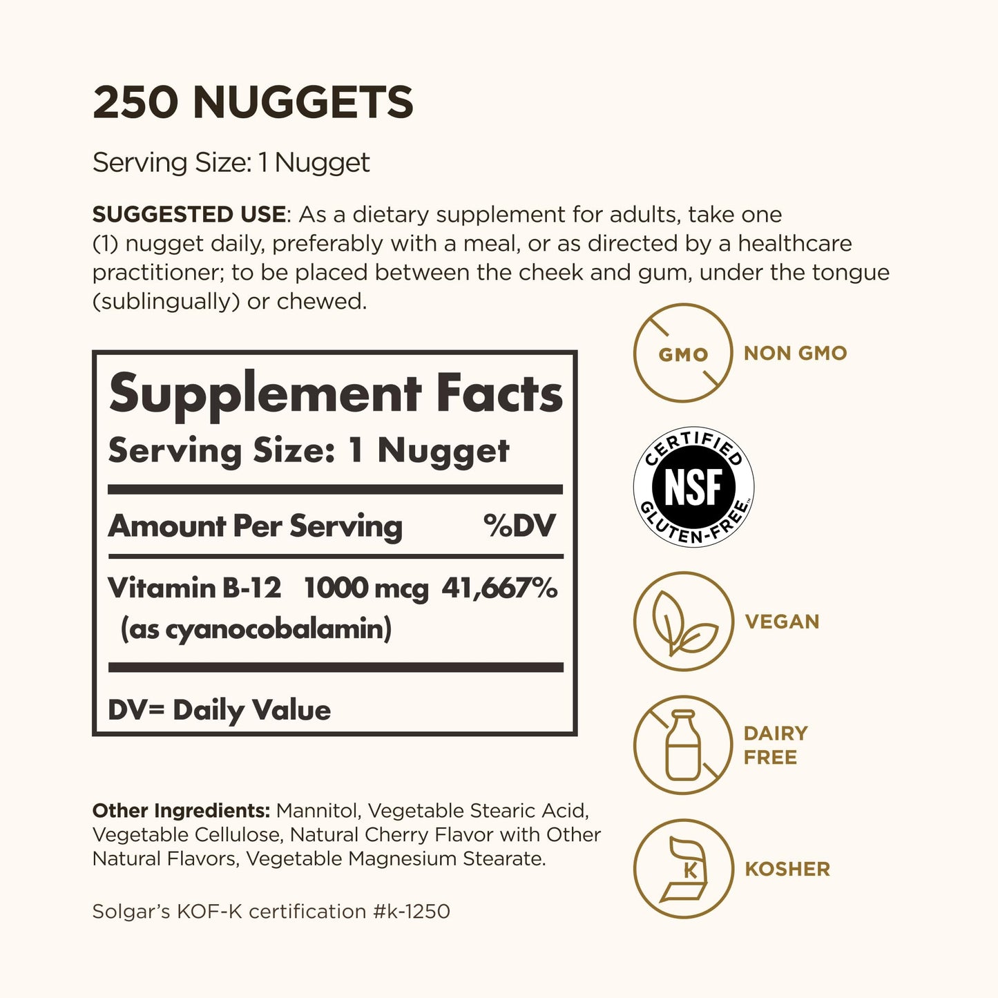 Solgar Vitamin B12 1000 mcg, 250 Nuggets - Supports Production of Energy, Red Blood Cells - Healthy Nervous System - Promotes Cardiovascular Health - Vitamin B - Non-GMO, Gluten Free - 250 Servings - Medaid International