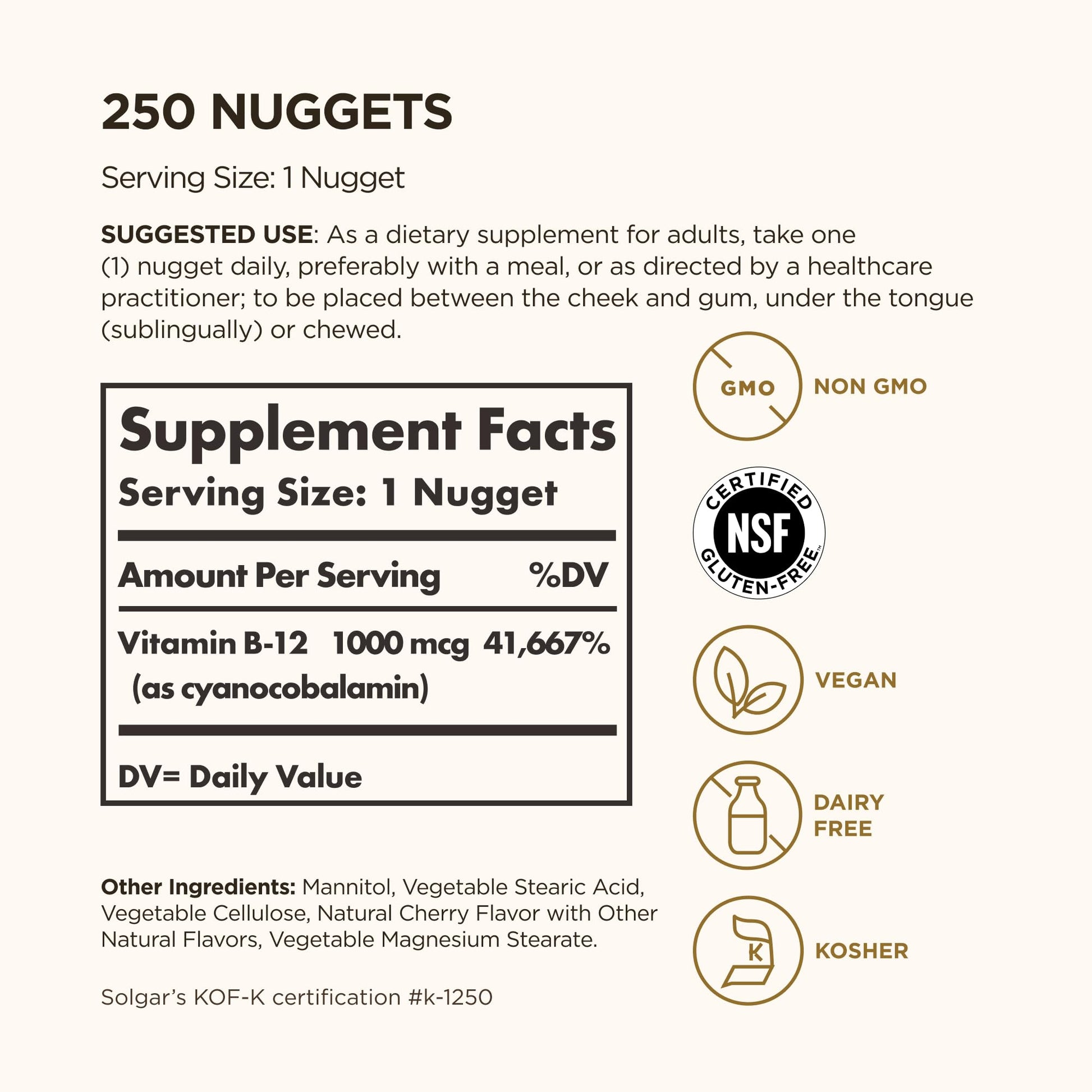 Solgar Vitamin B12 1000 mcg, 250 Nuggets - Supports Production of Energy, Red Blood Cells - Healthy Nervous System - Promotes Cardiovascular Health - Vitamin B - Non-GMO, Gluten Free - 250 Servings - Medaid International