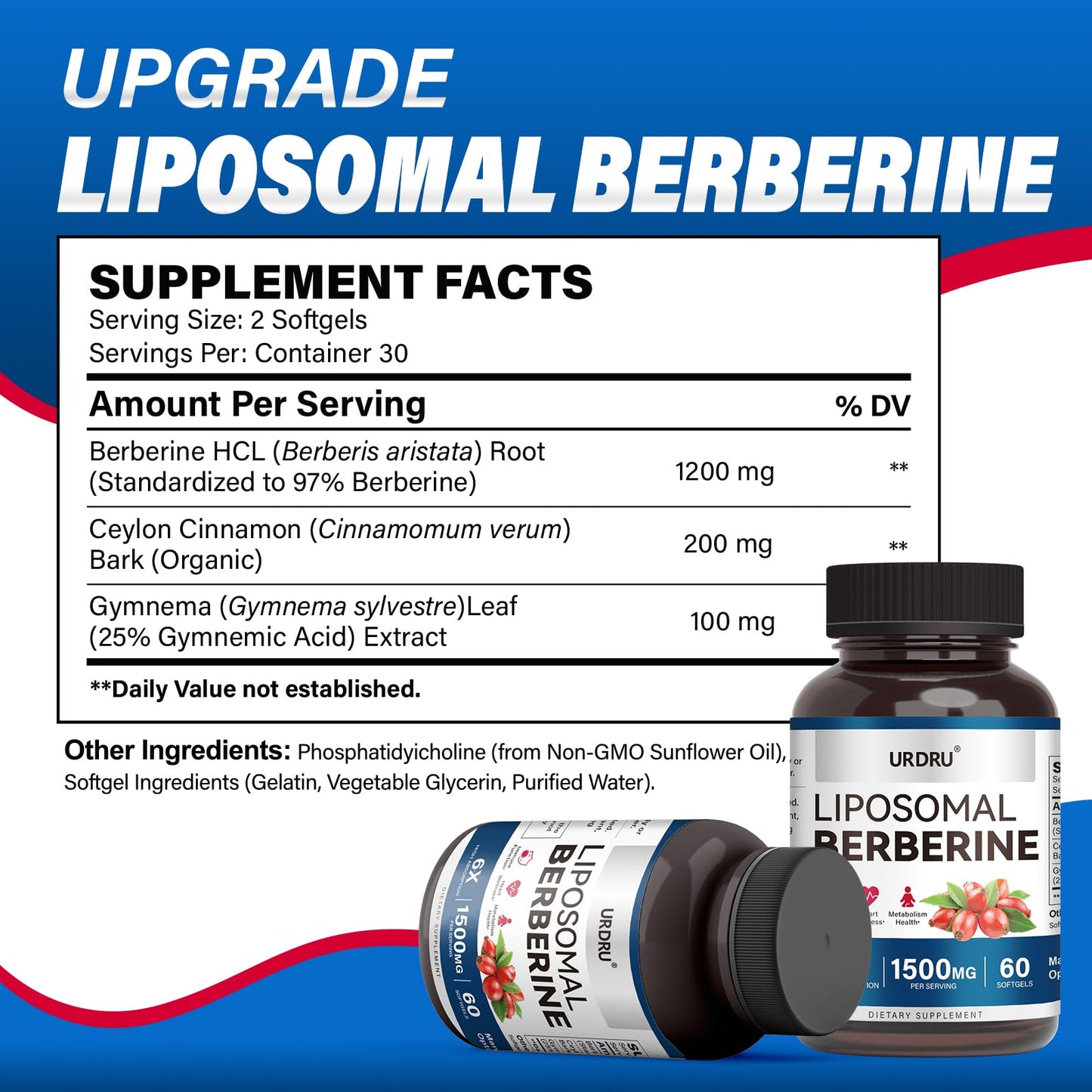URDRU Berberine HCL Supplement 1500mg - with Ceylon Cinnamon & Gymnema, High Bioavailability Liposomal Berberine Capsules for Women and Men, AMPK Activator - Medaid International