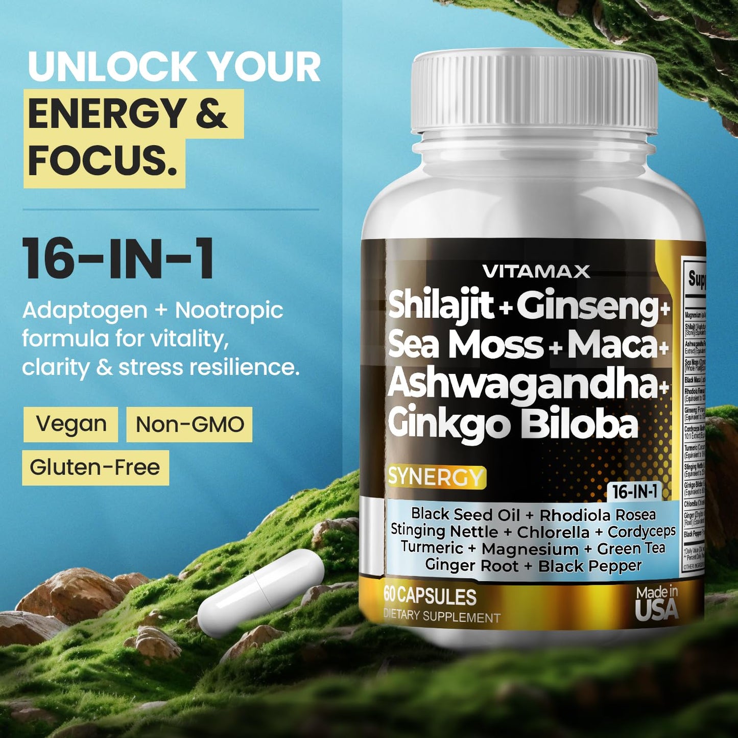 Pure Himalayan Shilajit Supplement, Ashwagandha, Sea Moss, Rhodiola Rosea, Gingko Biloba - Fulvic Acid & Trace Mineral Capsules for Men and Women – Made in USA - Medaid International