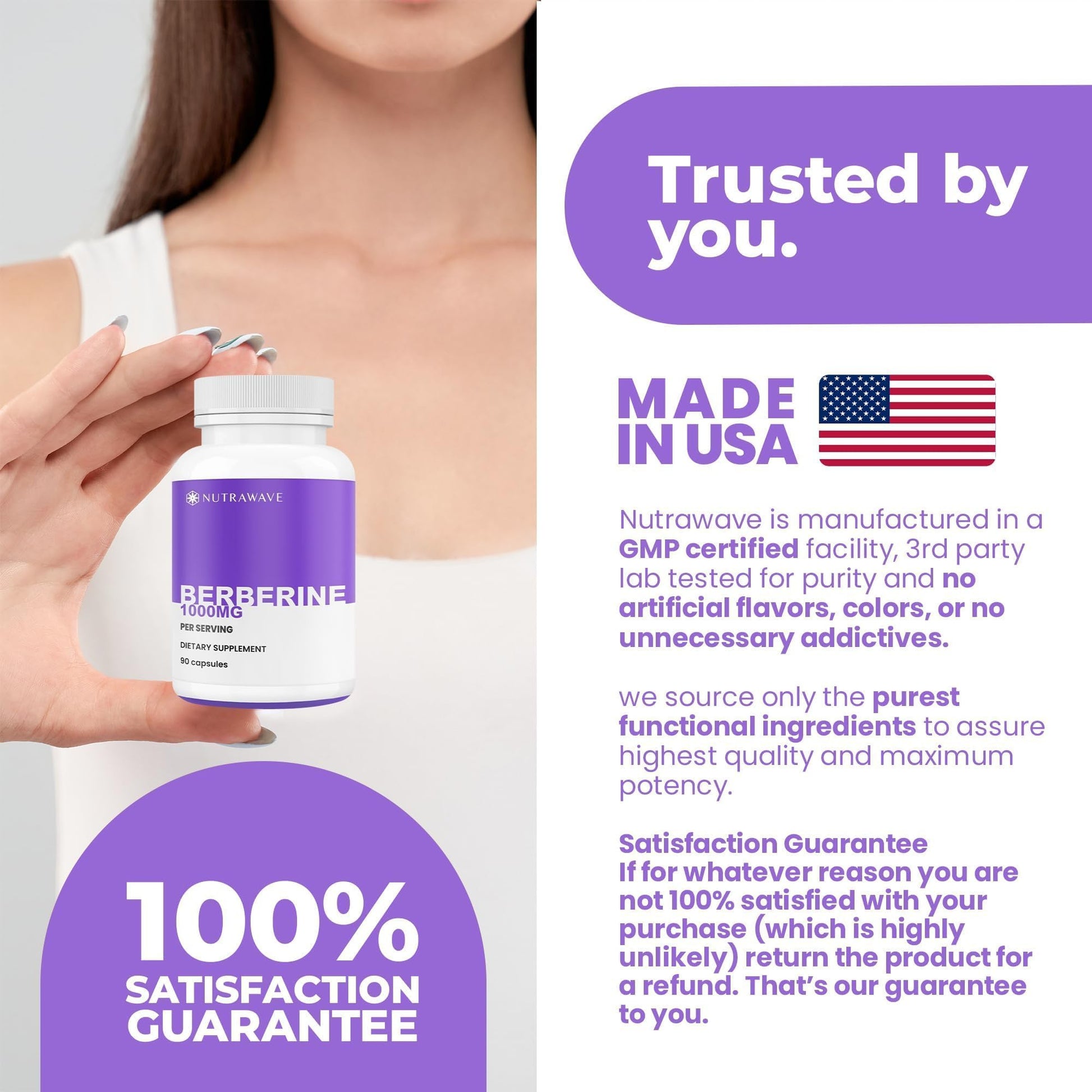 Nutrawave PURE Berberine Maximum Potency - Supports Blood Sugar Levels & Metabolism, 1000mg Per Serving - 2 Capsules - For Adults Seeking Natural Glucose Support - Non-GMO, Vegan - 1 Pack - Medaid International