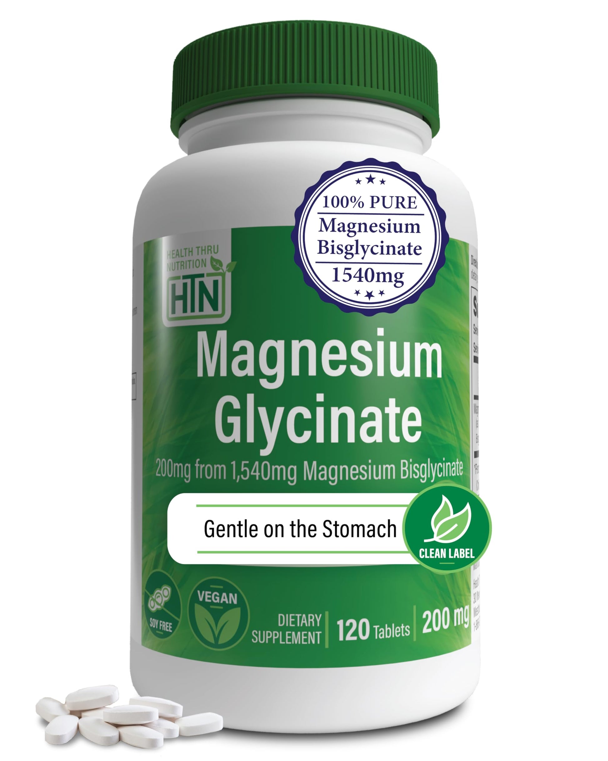 Magnesium Glycinate 200mg 120 Tablets | Fully Reacted Pure Magnesium Bisglycinate 1,540mg | High Absorption, Gentle on Stomach, Supports Relaxation & Nerve Function | Non-GMO by Health Thru Nutrition - Medaid International