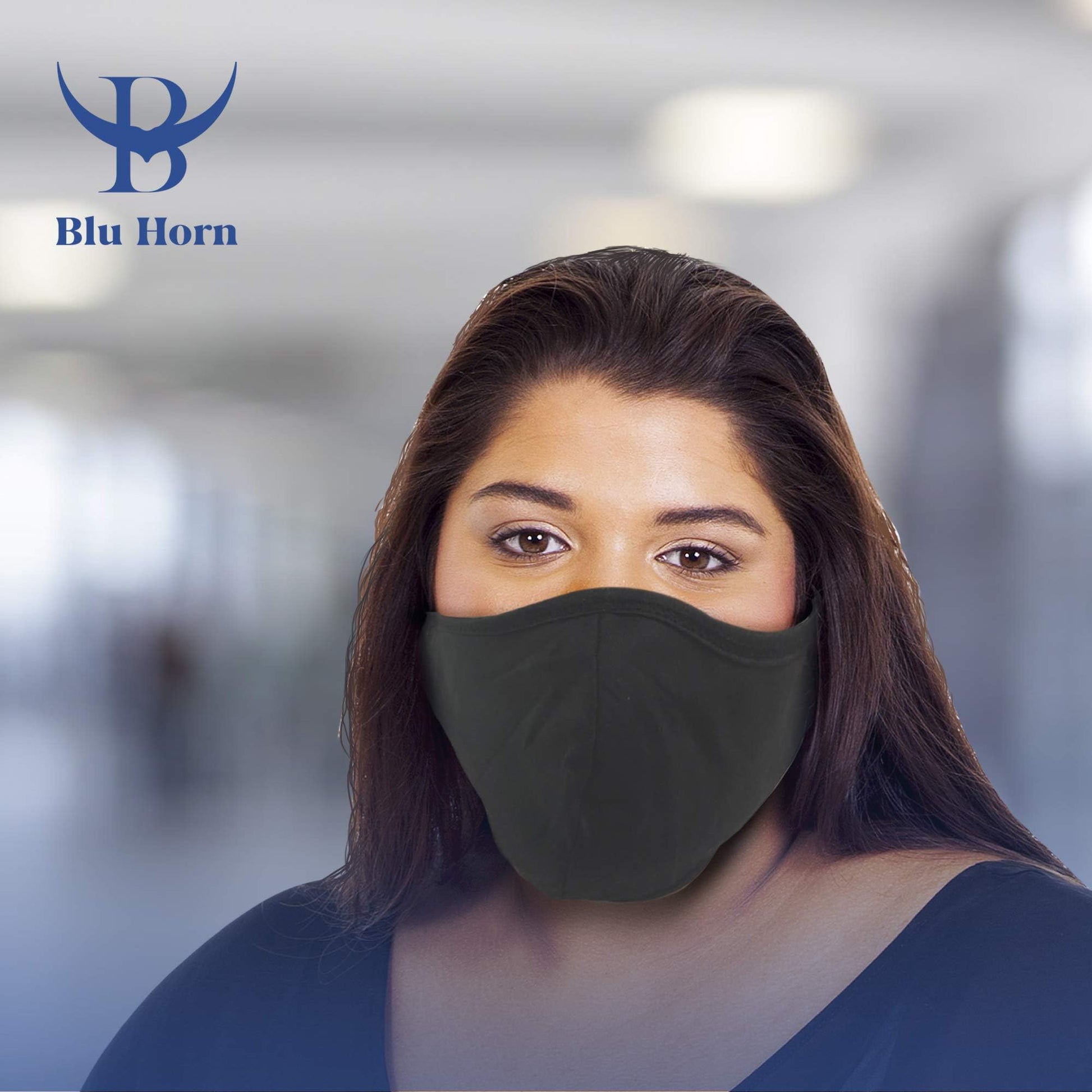 BLU HORN Cotton Breathable Face Mask - Dual Layered Reusable Full Face Mask for Men & Women with Adjustable Loops & Lanyard - Black, X-Large (3 Pack) - Medaid International